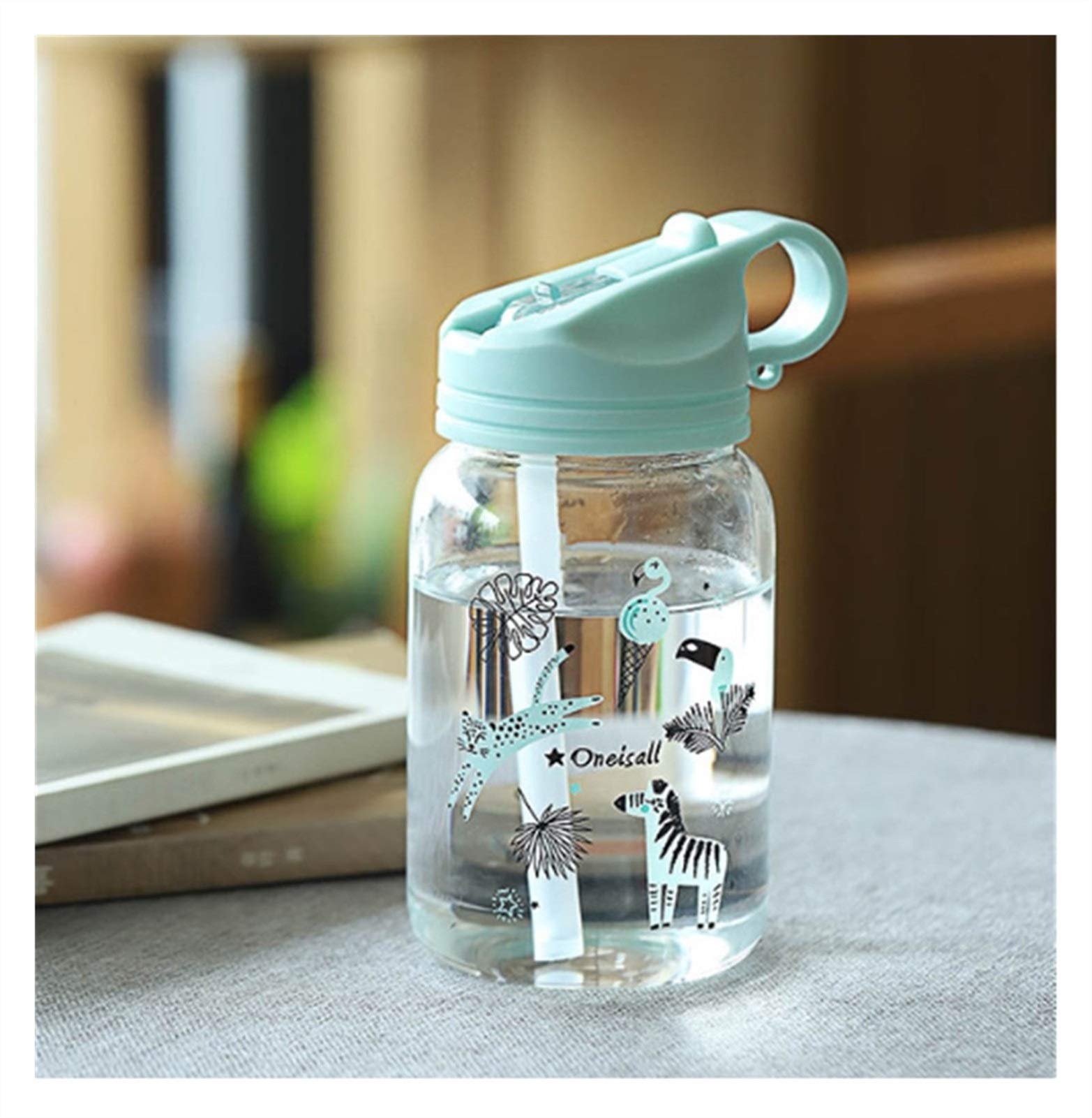 BPA Free Cartoon Cute Kids Glass Water Bottle with Plastic Straw - 450ml Portable Sports Tumbler Cup for Children - Leak Proof & Durable - Perfect for School, Outdoor Activities & Travel (Blue)