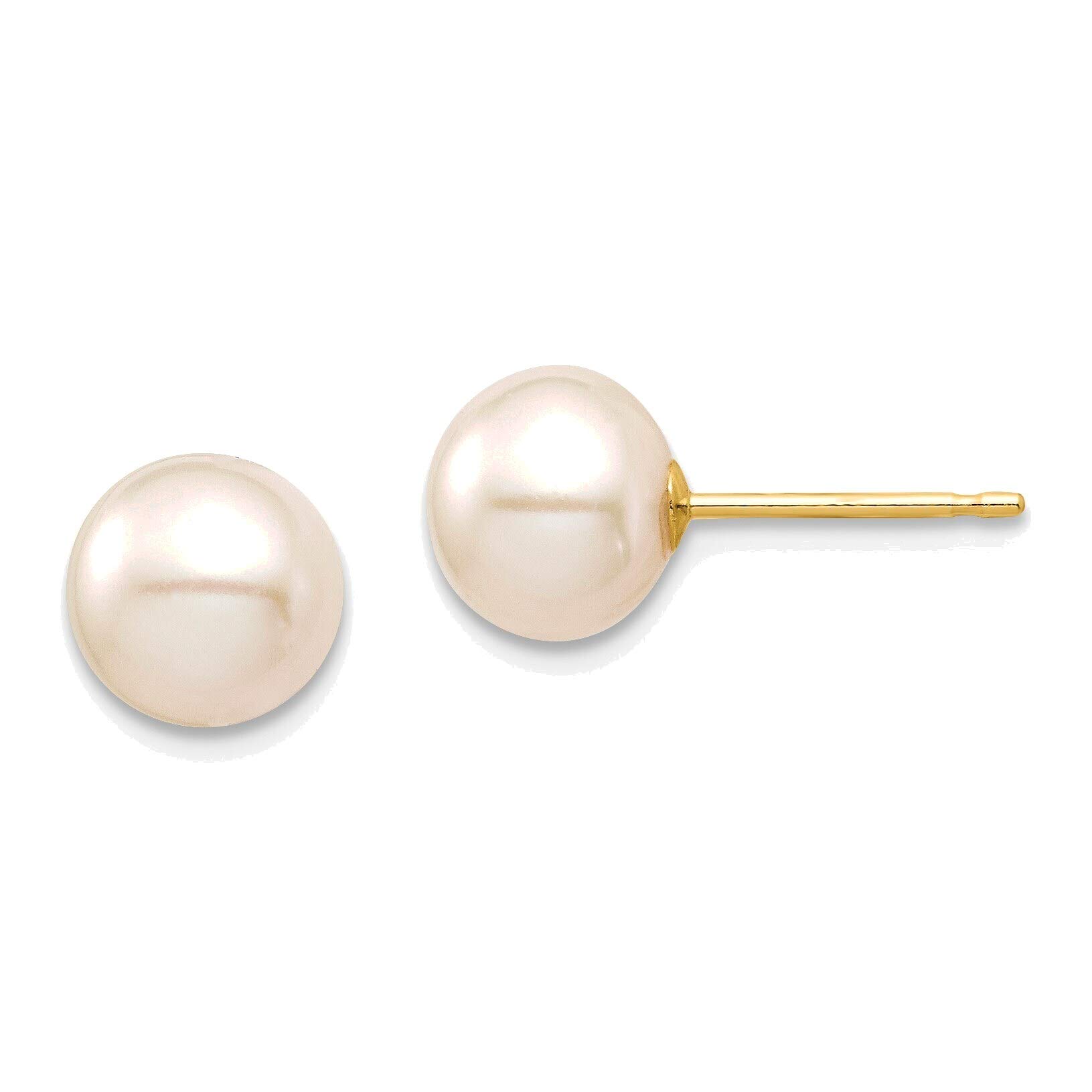 7-8mm White Round Freshwater Cultured Pearl Stud Earrings in 14K Yellow Gold - Classic Pearl Jewelry for Women, Perfect for Weddings, Parties & Everyday Elegance