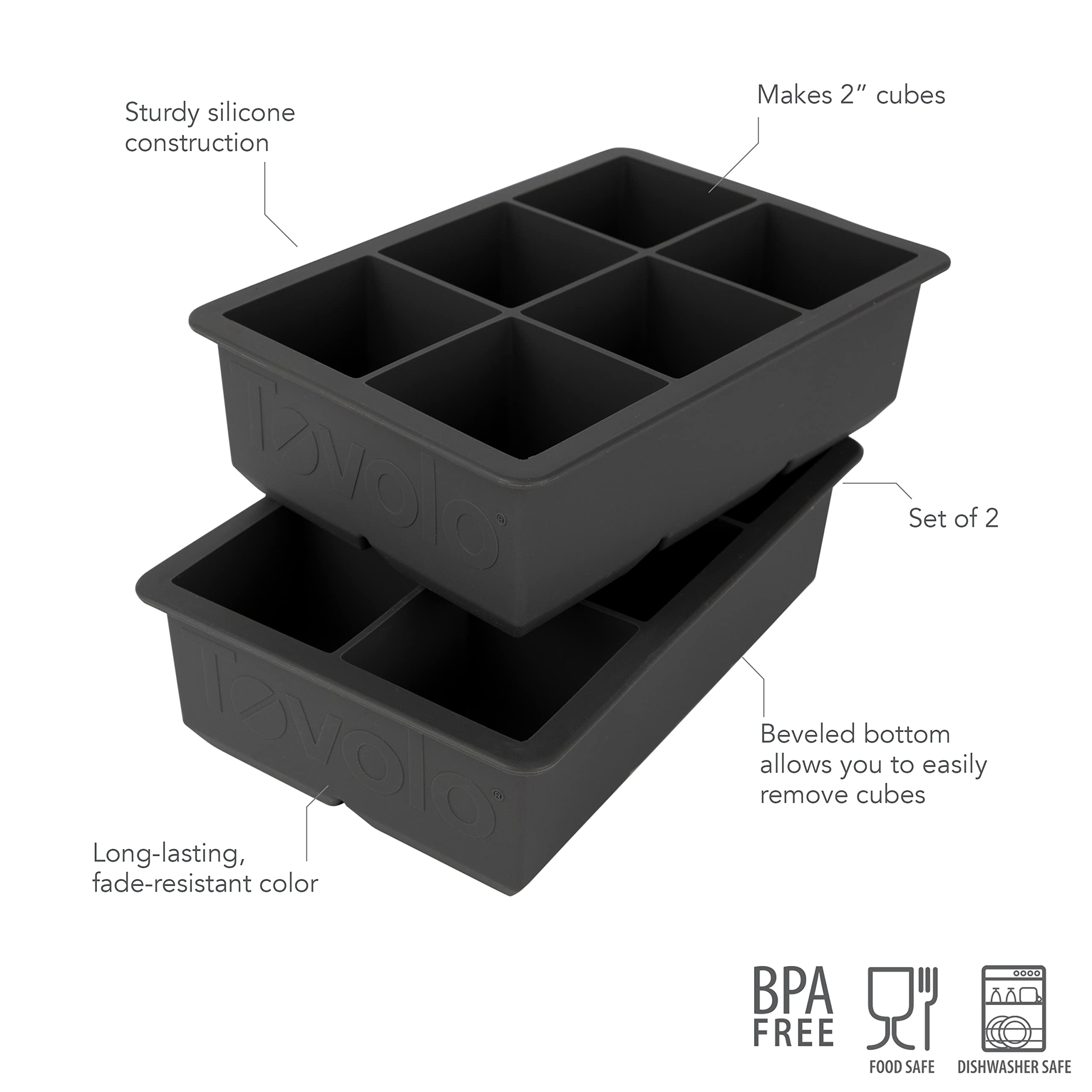 Tovolo King Cube Ice Mold Tray - Durable Silicone 2-Inch Ice Cube Maker (Set of 2) - Fade-Resistant, Long-Lasting Charcoal Gray Ice Trays for Cocktails, Whiskey & Home Bar Use