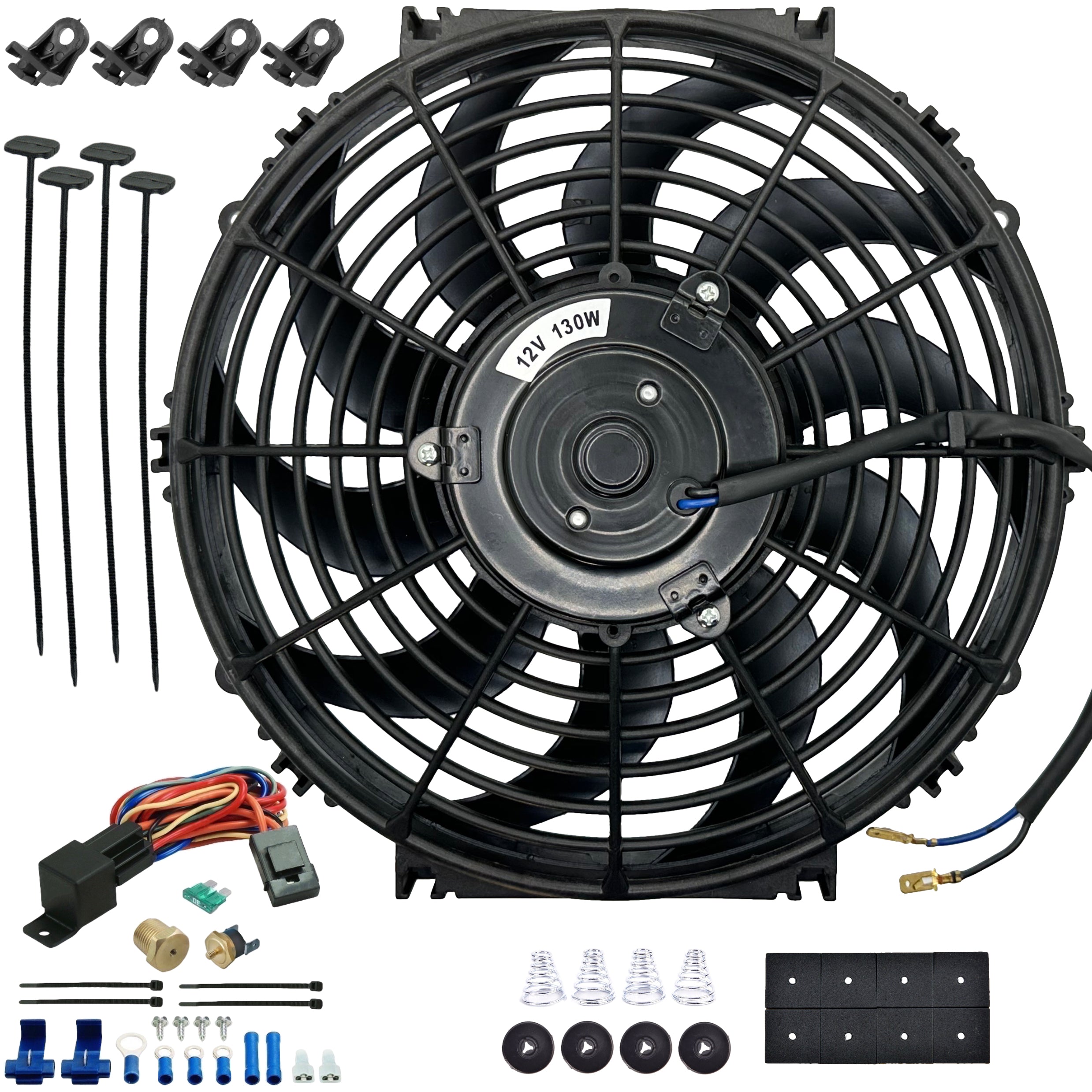 12-13 Inch 130W High Performance Electric Radiator Fan with Thread-In Probe Temperature Switch Kit - Perfect for Car Cooling System, Automotive Repair & Engine Overheating Prevention