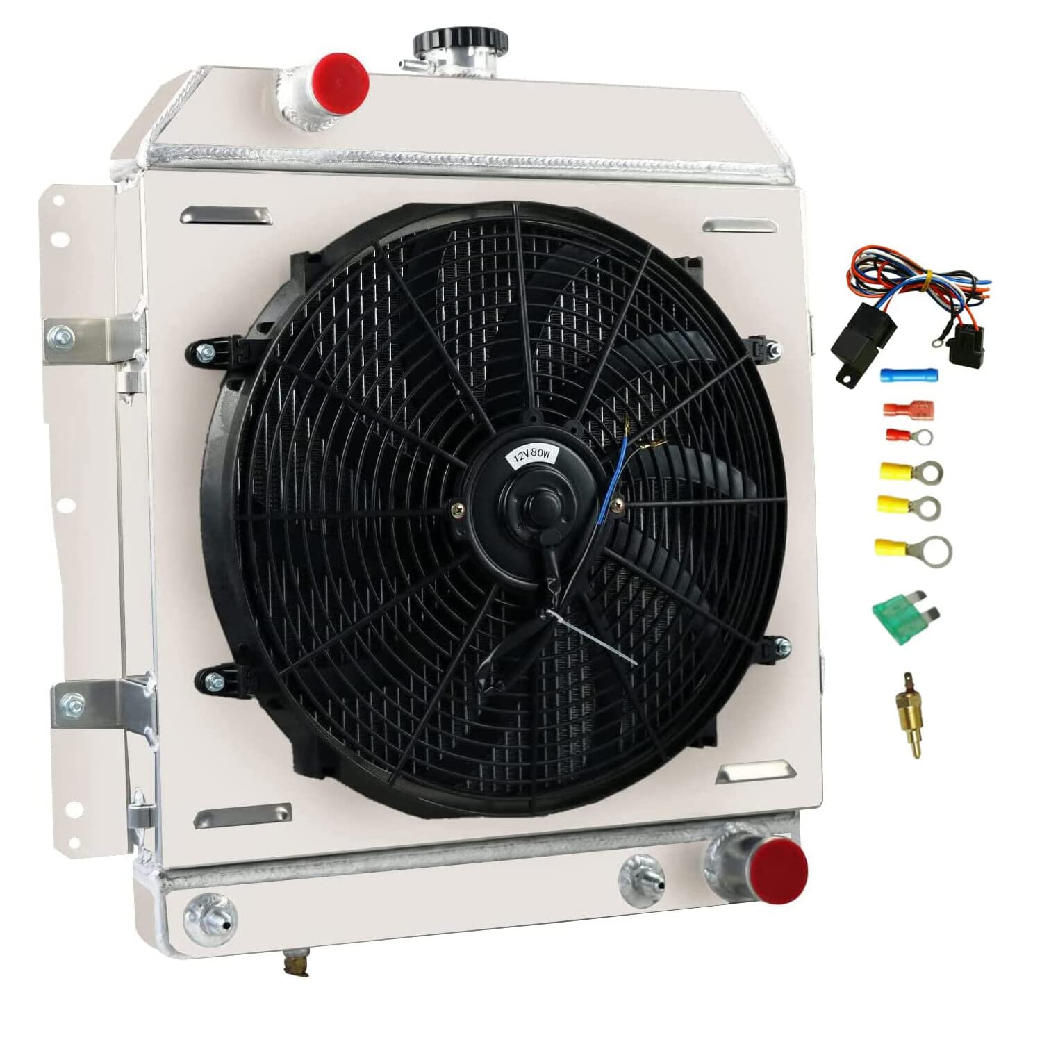 1958 Chevy Impala Caprice Belair V8 Aluminum Radiator with Electric Fan Shroud & Thermostat Kit - 62MM 4 Row High Performance Cooling System - Perfect for Classic Car Restoration & Hot Rod Upgrades