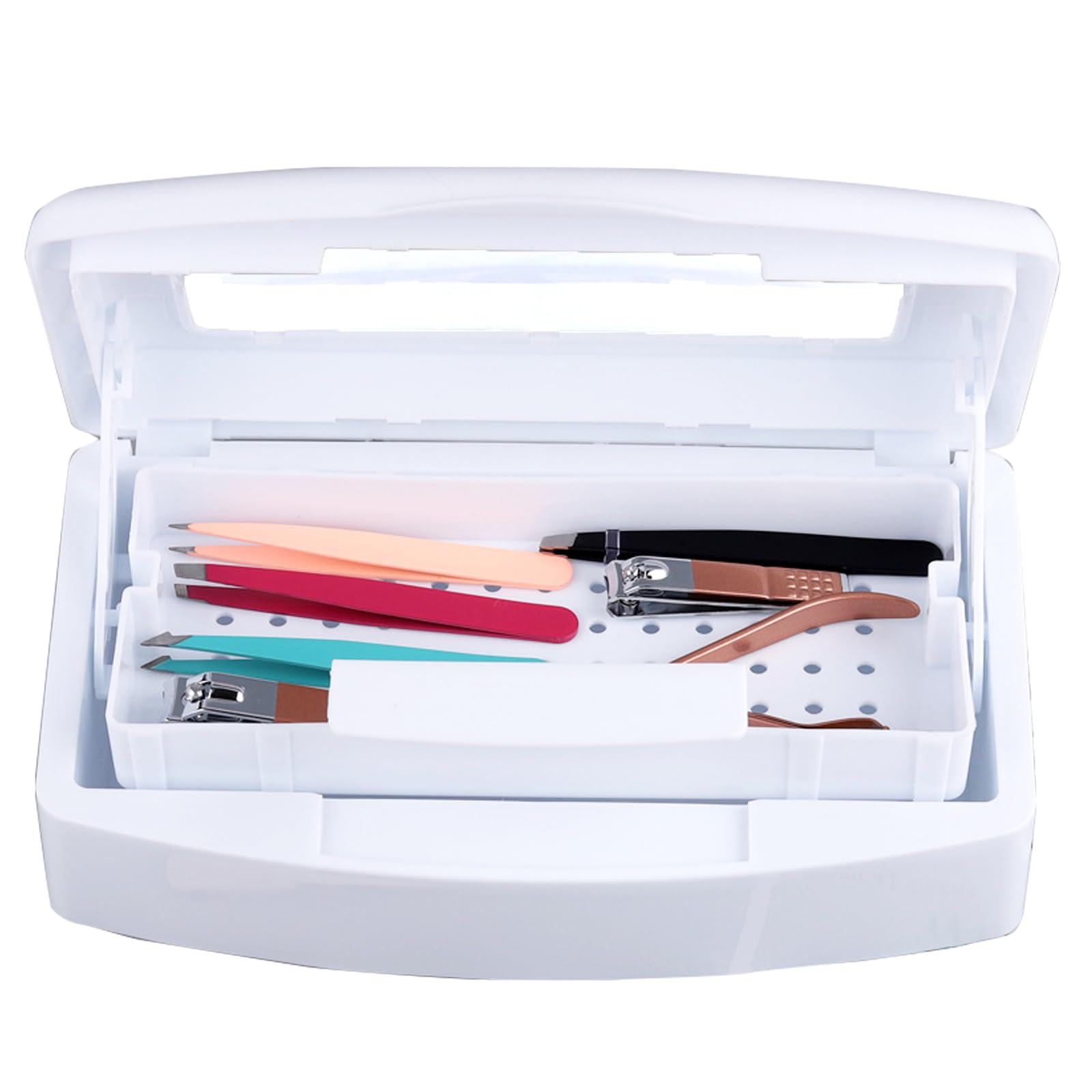 Professional Nail Art Tool Sterilizer Tray - Plastic UV Sterilizing Storage Box Organizer for Salon, Spa & Manicure Equipment - Sanitizes Nail Tools, Tweezers & Cutters (White) - Perfect for Nail Salons, Home Manicures & Beauty Professionals