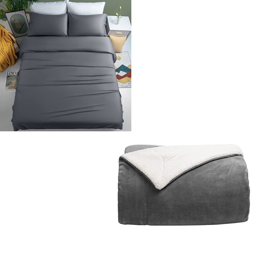 100% Bamboo Bed Sheets Set 4-Piece with Sherpa Fleece Throw Blanket - Queen Size, Dark Grey | Ultra Soft & Breathable Bedding for All Seasons | Perfect for Cozy Nights, Guest Rooms & Luxury Hotels