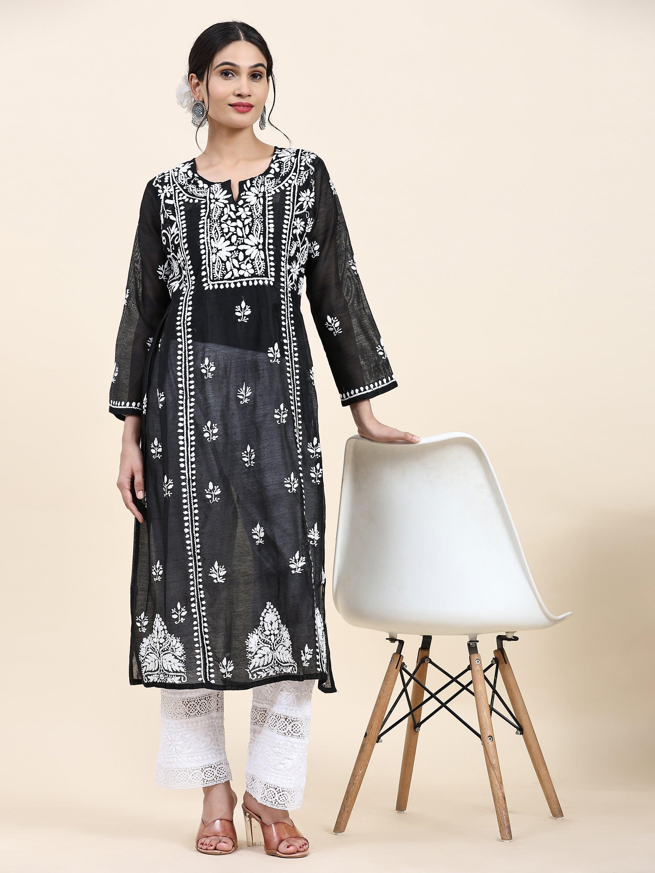 Elegant Chikankari Embroidered Long Kurta for Women - Black Chanderi Silk Indian Ethnic Wear | Perfect for Festivals, Weddings & Special Occasions