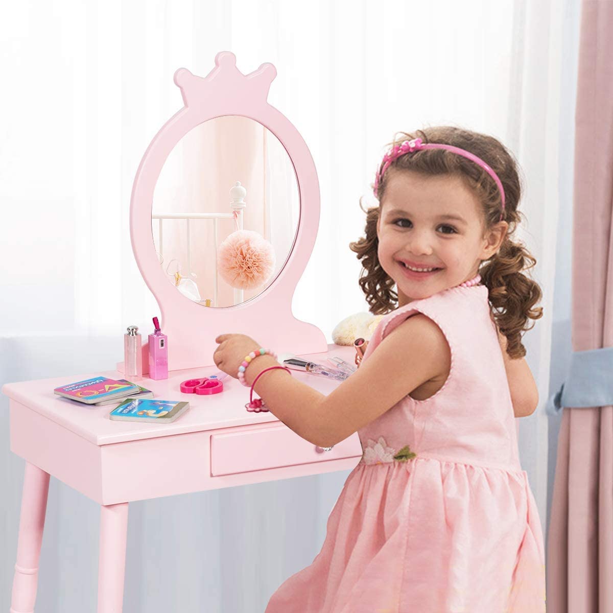 Firflowery Princess Vanity Set for Girls Ages 3+ - Pink & White Kids Dressing Table with Mirror, Detachable Top & Matching Stool - Perfect for Pretend Play, Birthday Gifts & Bedroom Decor