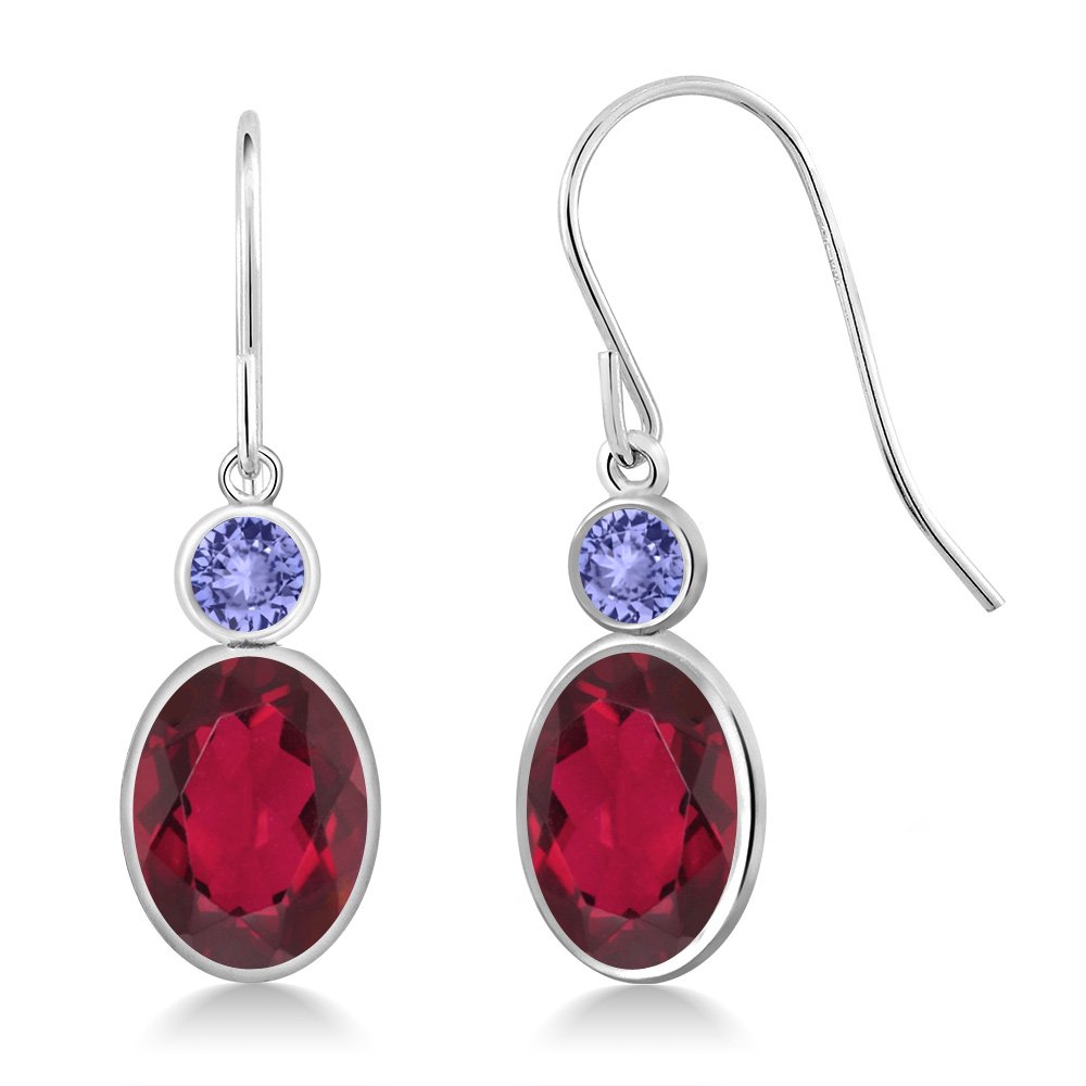 3.44 Ct Oval Red Mystic Topaz & Blue Tanzanite 14K White Gold Dangle Earrings with French Hook | Gem Stone King | Perfect for Weddings, Parties & Special Occasions