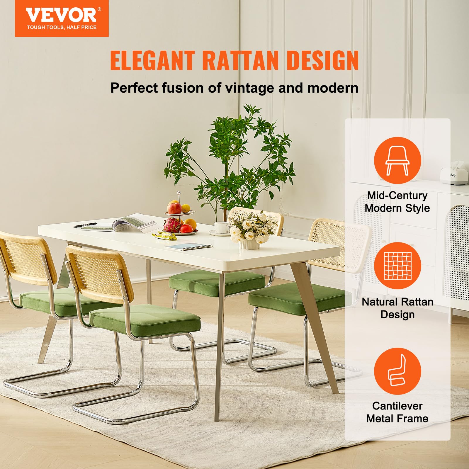 VEVOR Set of 4 Mid Century Modern Rattan Dining Chairs - Velvet Upholstered Accent Chairs with Woven Back - 18.1 Inch Retro Kitchen & Dining Room Chairs for Living Room, Bedroom, Patio & Outdoor Entertaining