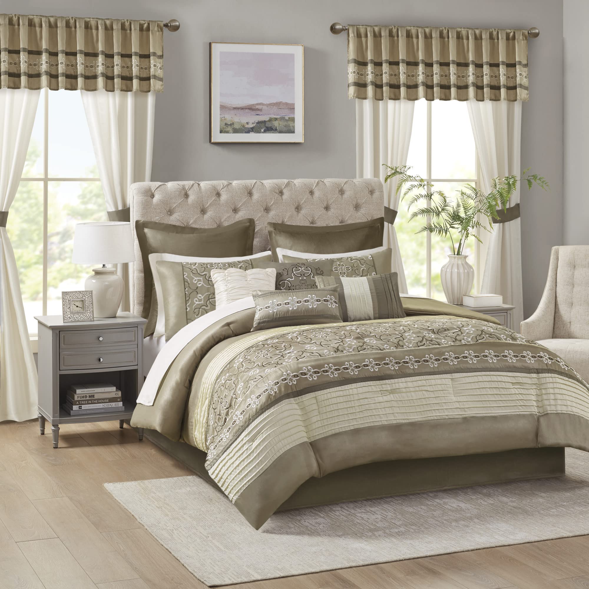 Madison Park Essentials Jelena 24-Piece Queen Bed in a Bag Set - Faux Silk Comforter, Bedskirt, Curtains & Decorative Pillows - All Season Down Alternative Bedding in Natural (90