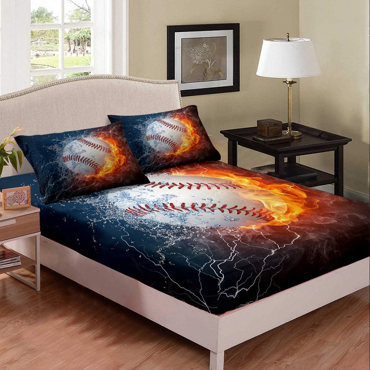 Sports Themed Baseball Bedding Set - Ice & Fire Pattern Microfiber Fitted Sheet with Pillowcase for Twin XL - Soft & Deep Pocket Sheets for Kids, Teens, Boys & Girls - Perfect for Baseball Fans' Bedrooms & Dorm Rooms