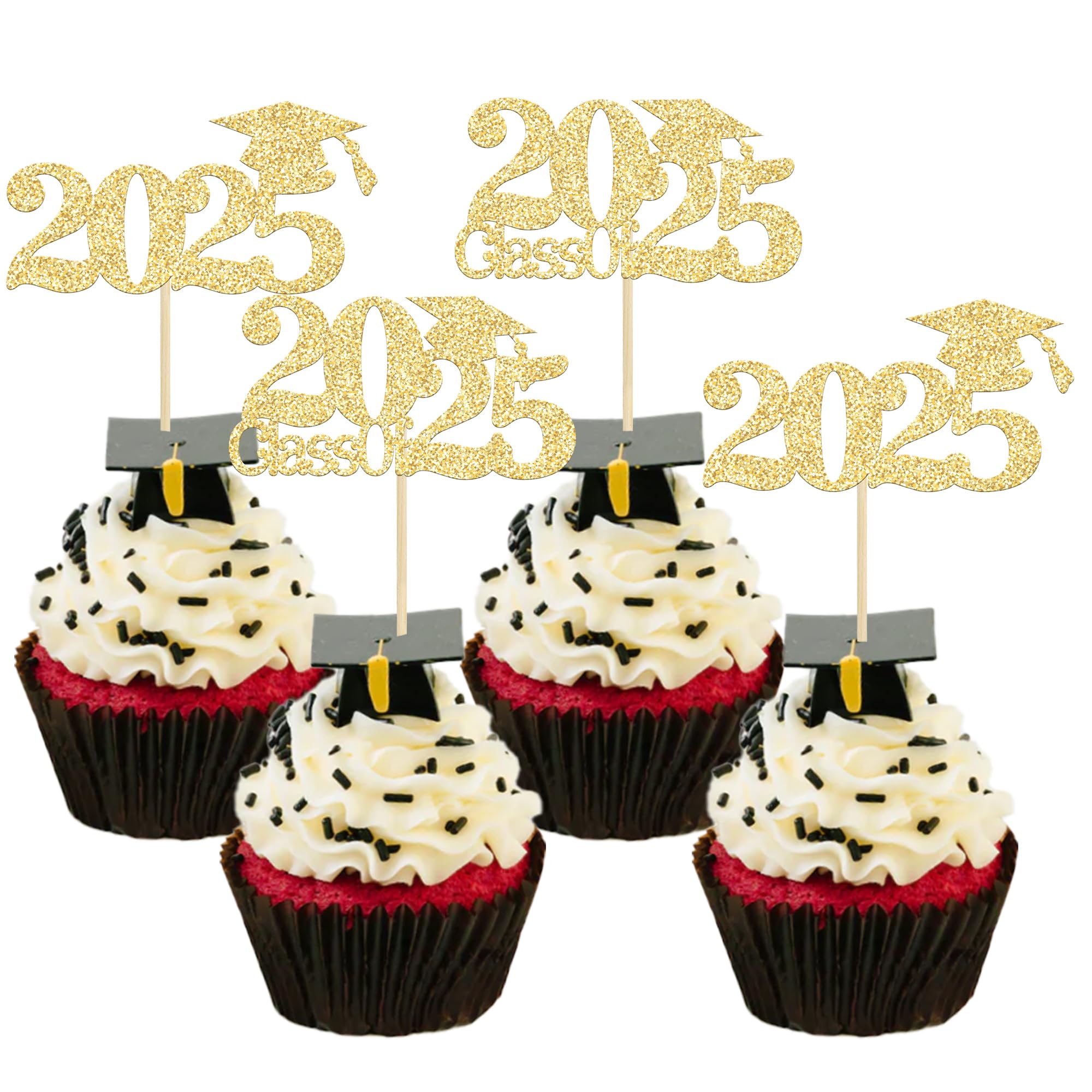 24Pcs Gold Glitter 2025 Graduation Cupcake Toppers - Class of 2025 Cake Decorations for Graduation Party Supplies | Perfect for High School & College Graduation Celebrations, Birthday Cakes, and Dessert Table Decor