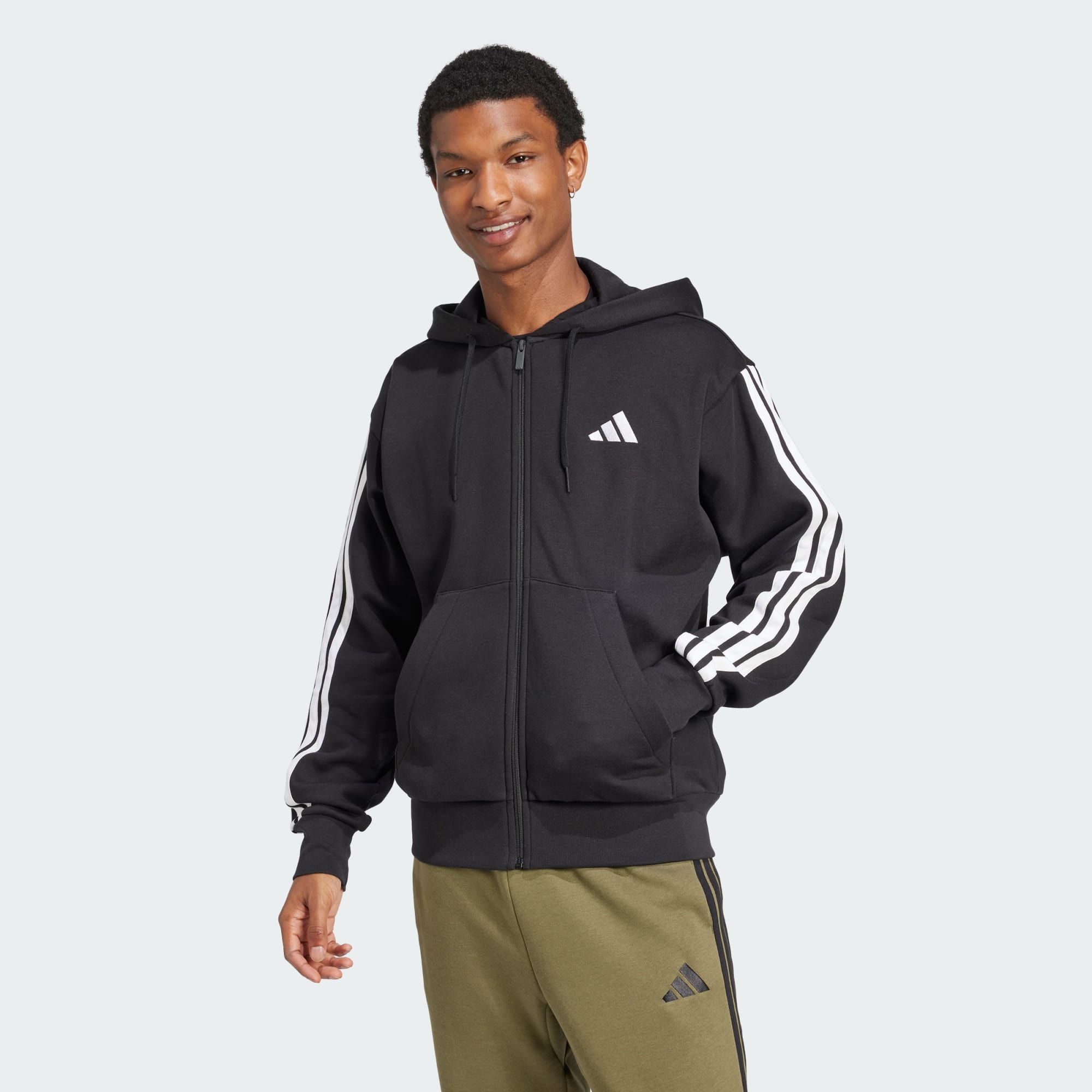 Adidas Men's 3 Stripes Fleece Jacket - Black - Warm Winter Outerwear for Running, Hiking & Casual Wear