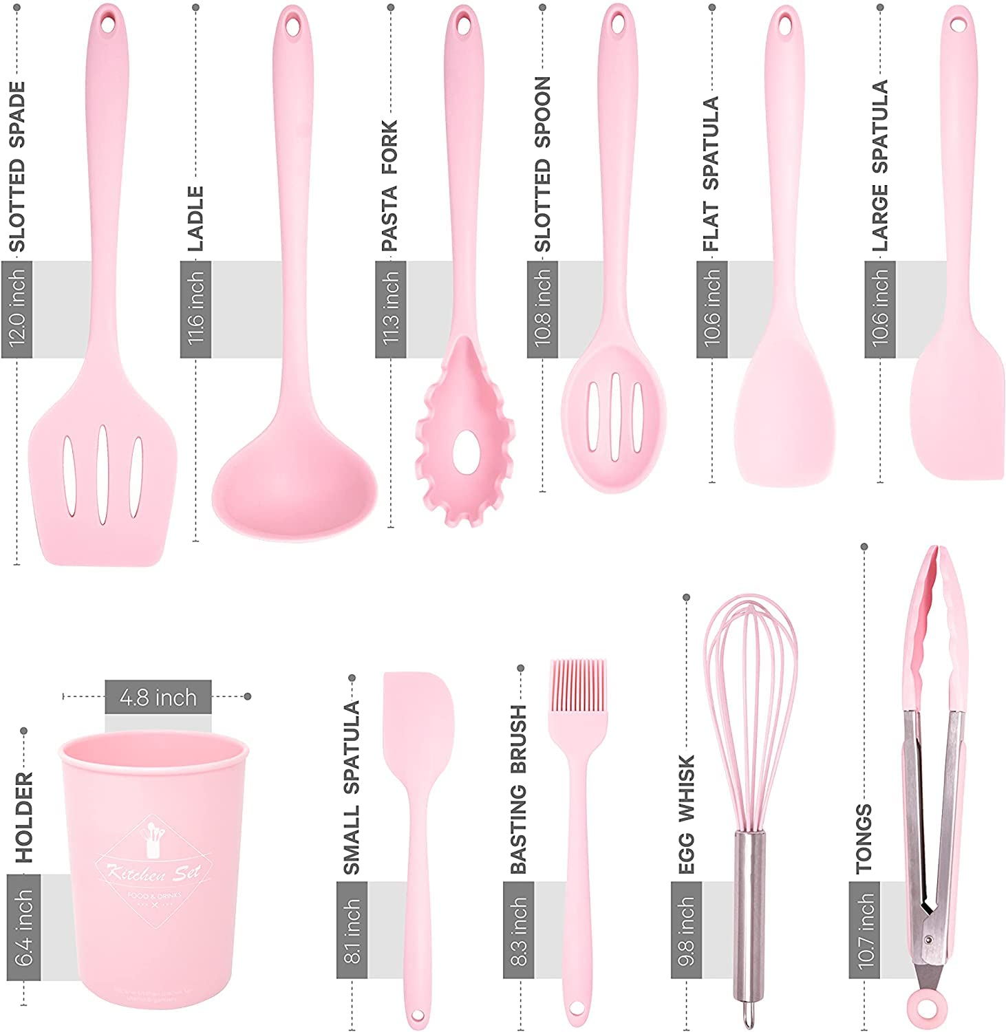 12-Piece Silicone Kitchen Utensil Set with Holder - Heat-Resistant Cooking Spatulas, Spoons & Tools for Baking, Non-Stick Cookware (Pink) - Perfect for Home Cooking, Meal Prep & Gift Giving