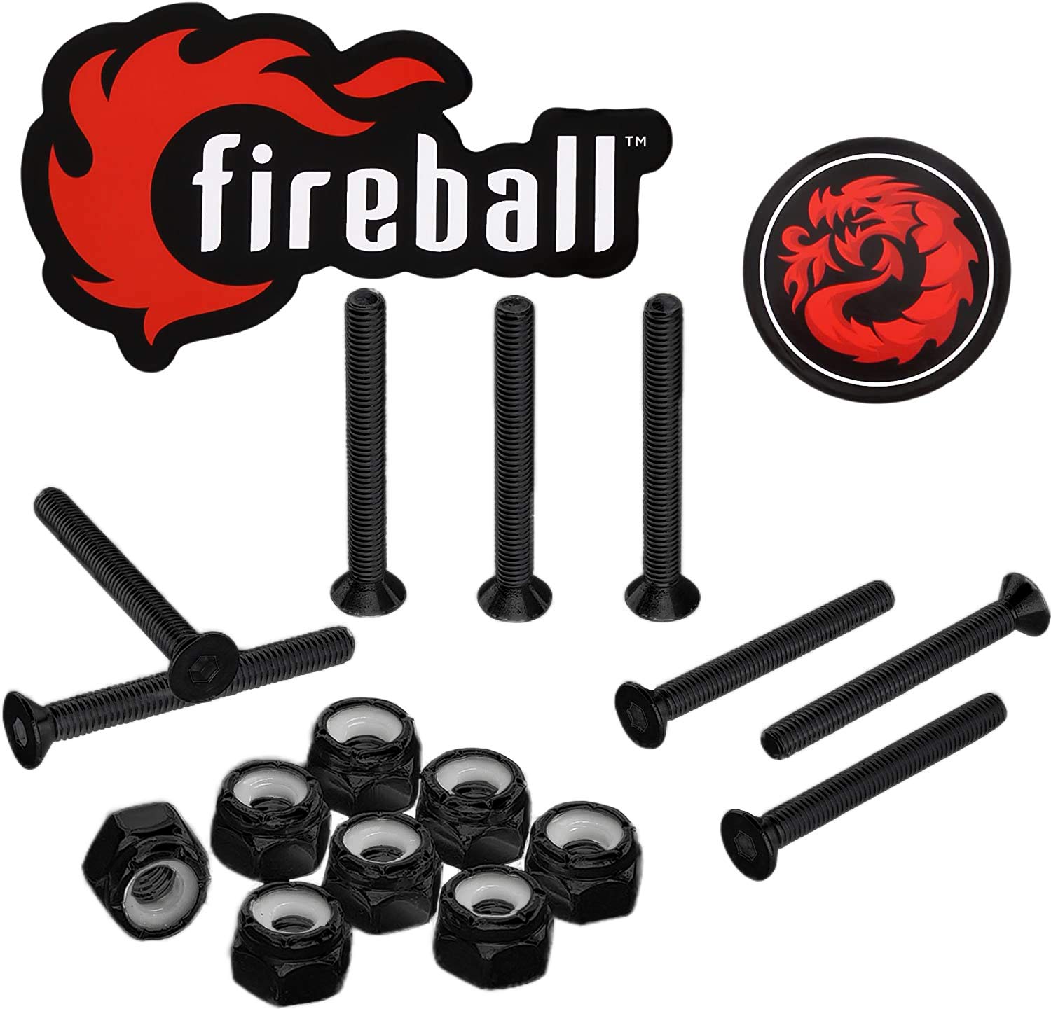 Fireball Dragon Skateboard Hardware Kit - Black Stainless Steel Mounting Screws & Nuts Set for Longboards & Cruisers | Ultra Strong Truck Bolts for Skateboard Assembly | Perfect for Street Skating, Park Riding & Commuting