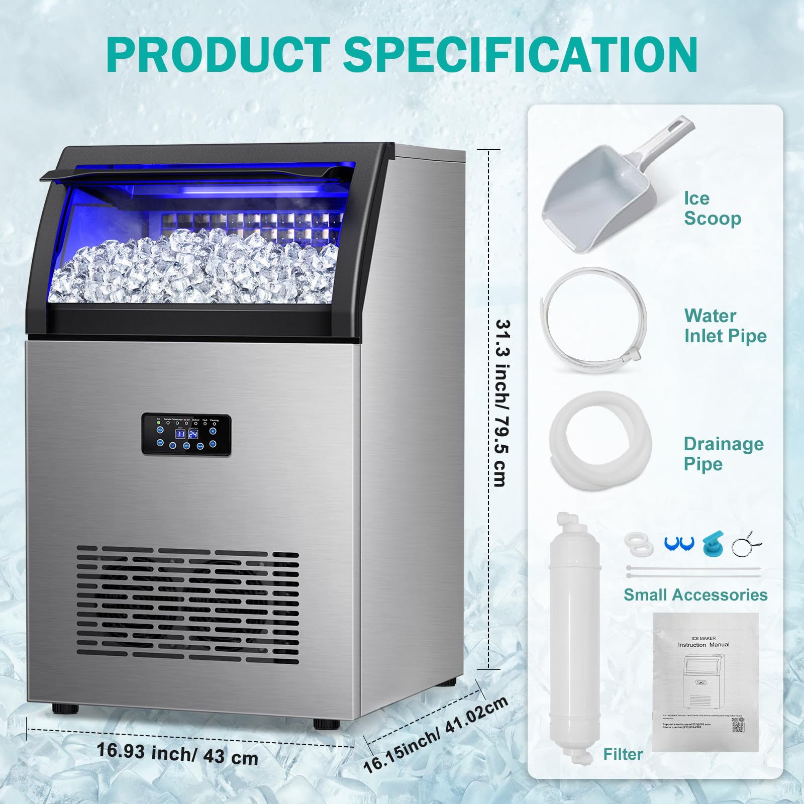 Commercial Ice Maker Machine 150lbs/24H with 45Lbs Storage Bin - Fast 8-Minute Ice Production, Freestanding Countertop Ice Machine for Home, Bar, Office, Restaurant - Perfect for Cocktails, Beverages & Food Preservation
