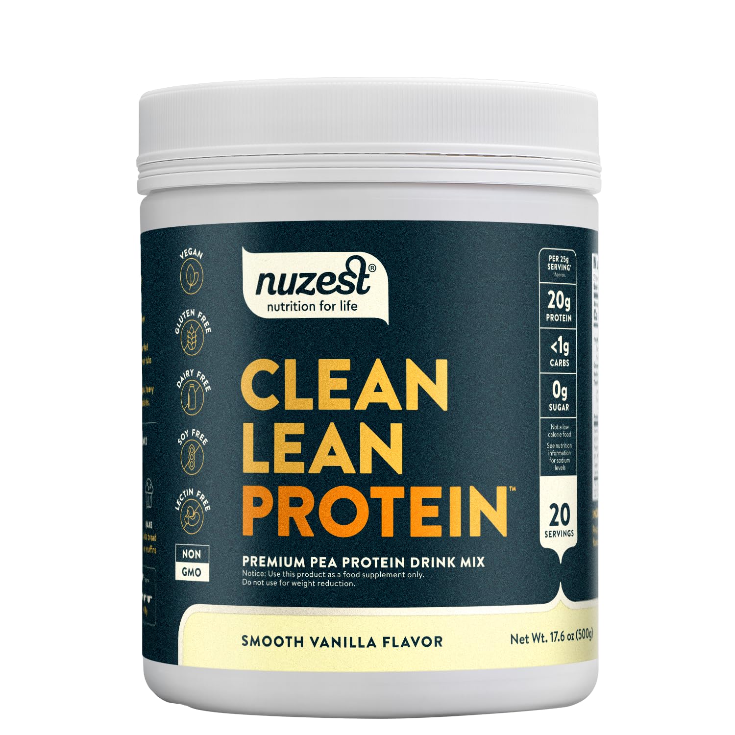 Nuzest Clean Lean Vegan Pea Protein Powder - Premium Plant Based, Dairy Free, Gluten Free, GMO Free Protein Supplement with Natural Sweetener, Smooth Vanilla Flavor (1.1 lb, 20 Servings) - Perfect for Post-Workout Recovery, Meal Replacement & Healthy Smoothies