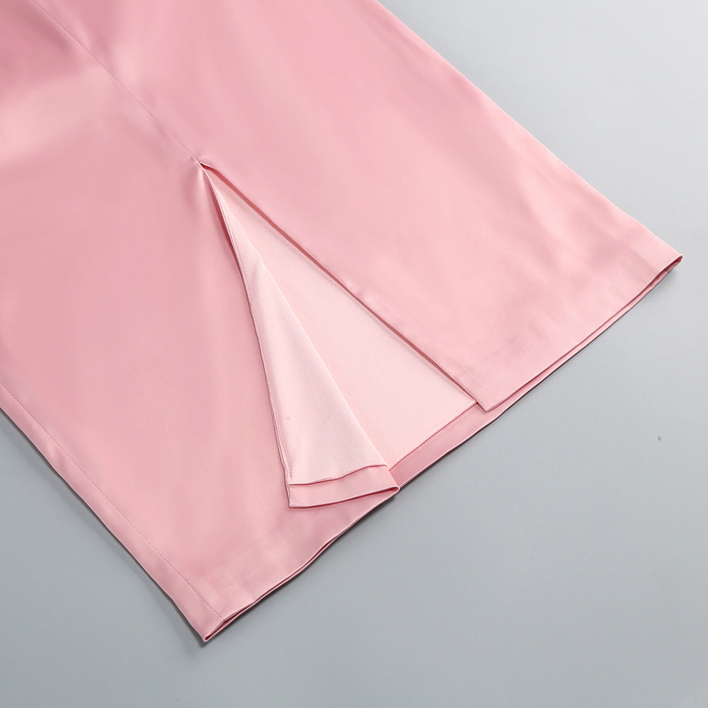 Andrea Mesh Flower One Shoulder Midi Dress in Pink - Elegant Summer Party, Wedding Guest, and Cocktail Dress for Women