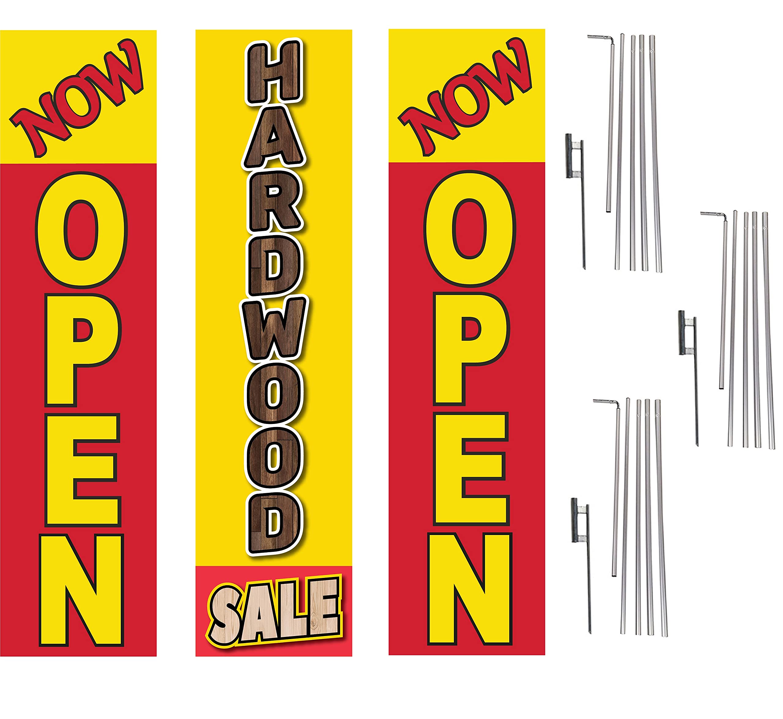 Premium Hardwood Sale Advertising Rectangle Boomer Feather Flags Kit - 3 Flag Poles & Ground Spikes Included | Perfect for Outdoor Business Promotions, Grand Openings & Seasonal Sales