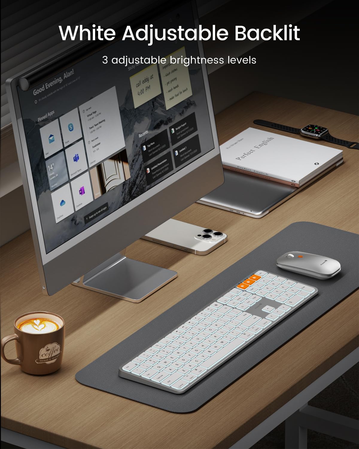 ProtoArc KM100-A Wireless Bluetooth Keyboard and Mouse Combo for Mac - Full-Size Rechargeable Backlit Keyboard with Multi-Device Connectivity for MacBook Pro/Air, iMac, iPhone & iPad (White Silver) - Perfect for Home Office, Gaming & Productivity