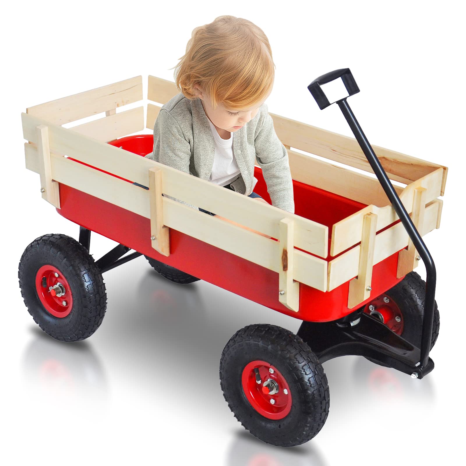 Heavy Duty Steel Outdoor Wagon Cart for Kids with Removable Wooden Side Panels & 10