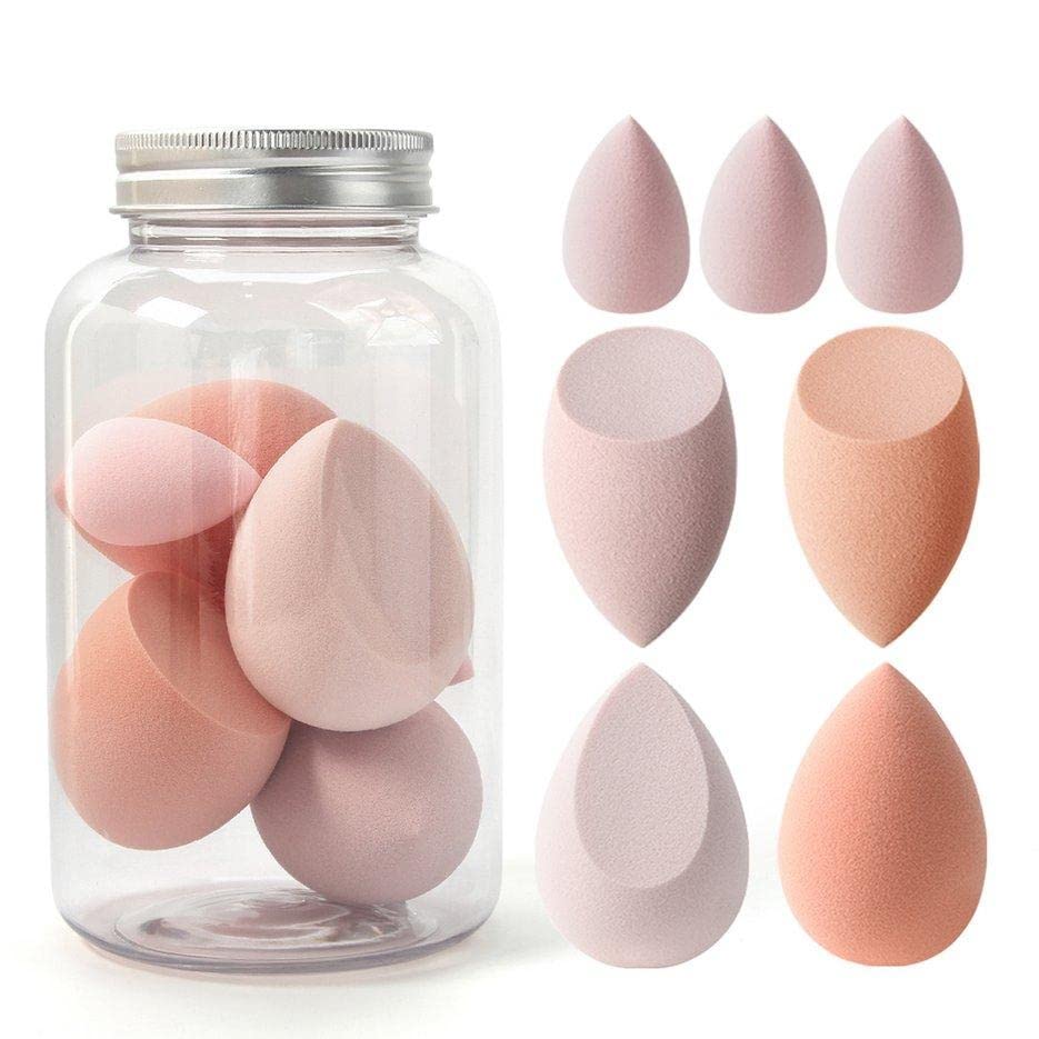 Facejewel Makeup Sponge Set - 4 Large & 3 Small Blending Sponges for Dry & Wet Use with Powder Puffs | Professional Cosmetic Sponge Combo for Flawless Foundation & Concealer Application