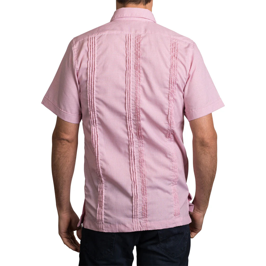 Can Cristobal Red Check Short Sleeve Guayabera Shirt for Men - Casual Summer Wear, Beach Vacation, and Tropical Party Outfit