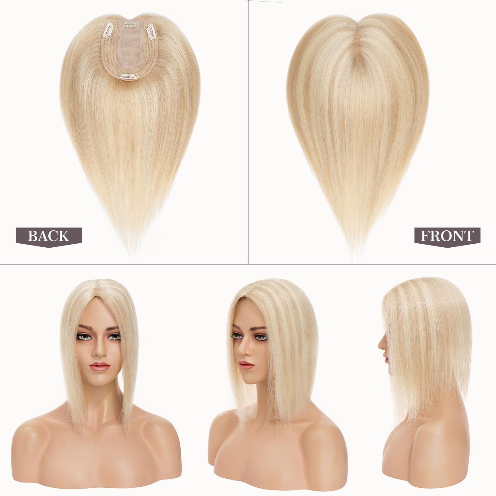 Hairro 100% Human Hair Topper with Silk Base for Women - 16 Inch Ash Blonde Mix Bleach Blonde Clip-in Hairpiece for Thin Hair & High Hairline - Perfect for Daily Wear, Special Occasions & Hair Loss Coverage