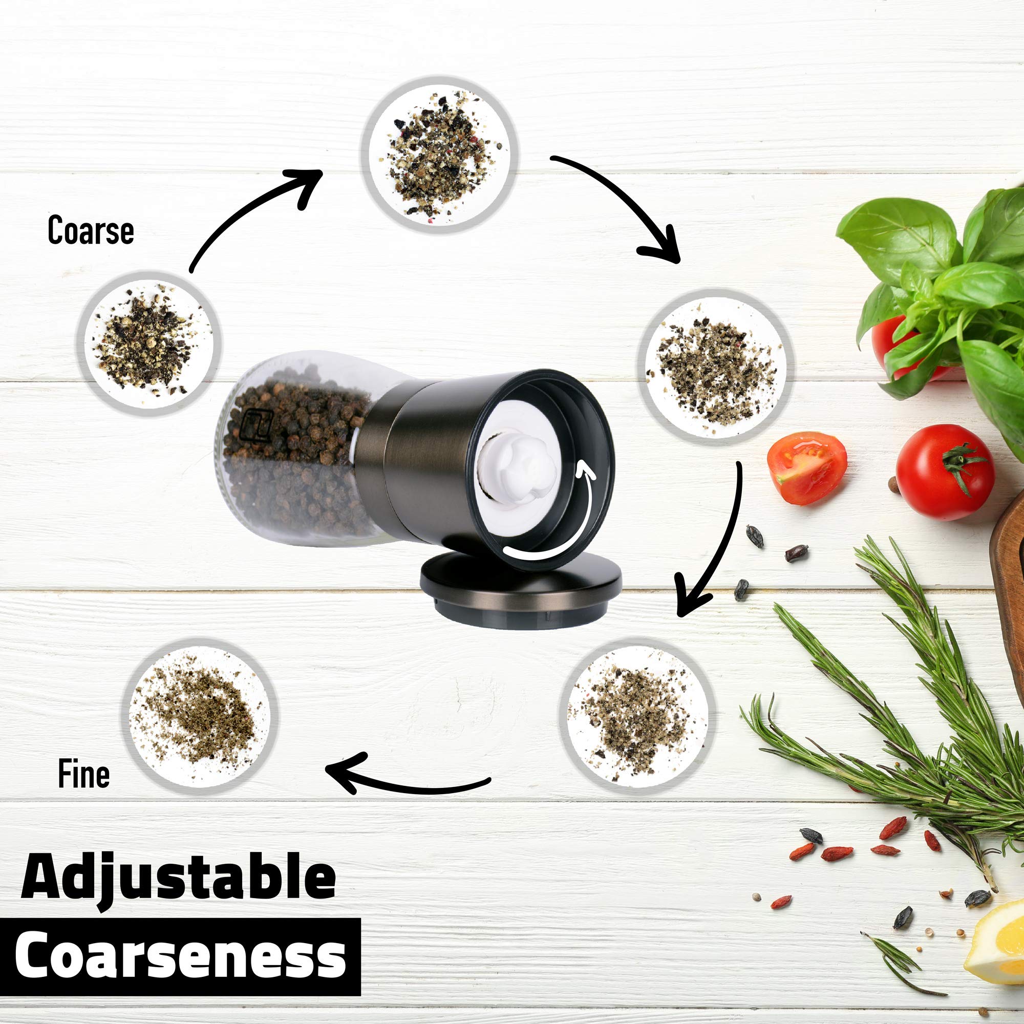 Premium Black Stainless Steel Salt and Pepper Grinder Set with Bamboo Wood Stand - Adjustable Coarseness Gunmetal Spice Mill - Bronze Pepper Grinder & Salt Shaker Set for Kitchen, Dining Table, BBQ, Camping & Gift Giving