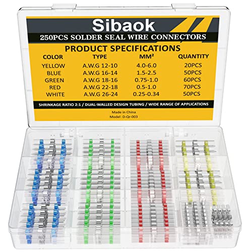 Sibaok 250PCS Self-Solder Waterproof Heat Shrink Wire Connectors - Marine Grade Electrical Terminals for Automotive, Boat, Truck & UTV Wiring - Secure Wire Splice & Joint Connections for Outdoor & Harsh Environments