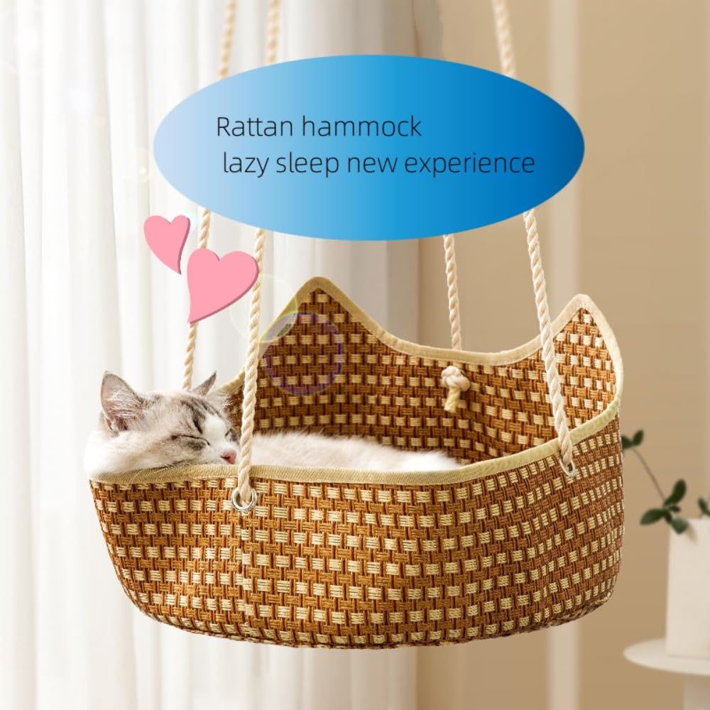 Premium Cat Hammock - Summer Cool & Comfortable Wicker Cat Cage, Hanging Cat Nest for Balcony, Sunbathing Cat Bed - Pet Supplies (Brown Cat Ear Design, Medium Size) | Perfect for Indoor/Outdoor Use, Lounging & Relaxation