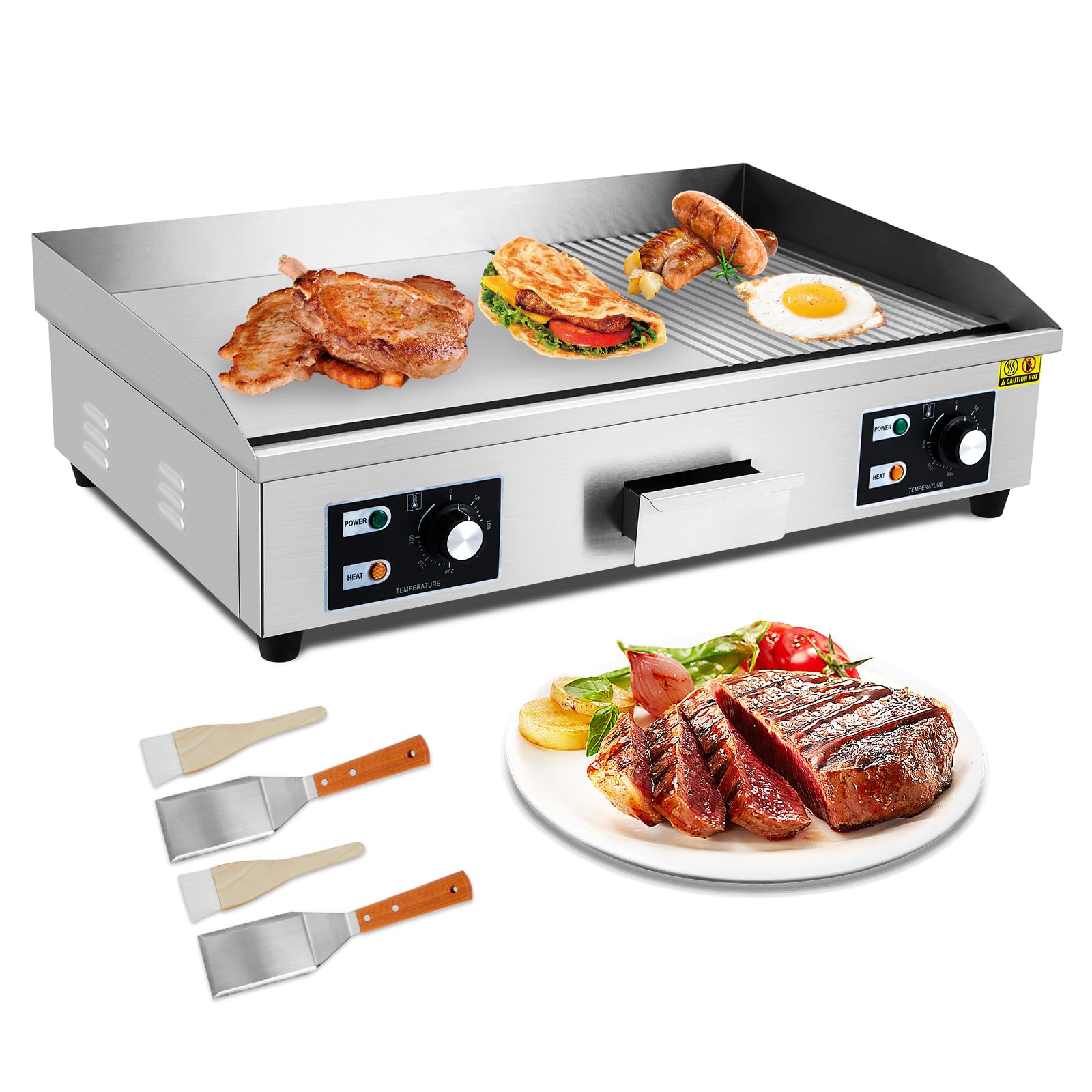 **GARVEE 29 Inch Commercial Electric Griddle with Fluted Surface – 3000W Flat Top Grill for Restaurant, Kitchen & Outdoor BBQ – Non-Stick Stainless Steel Teppanyaki Griddle (110V, No Plug Included) – Perfect for Pancakes, Burgers & Stir-Fry**