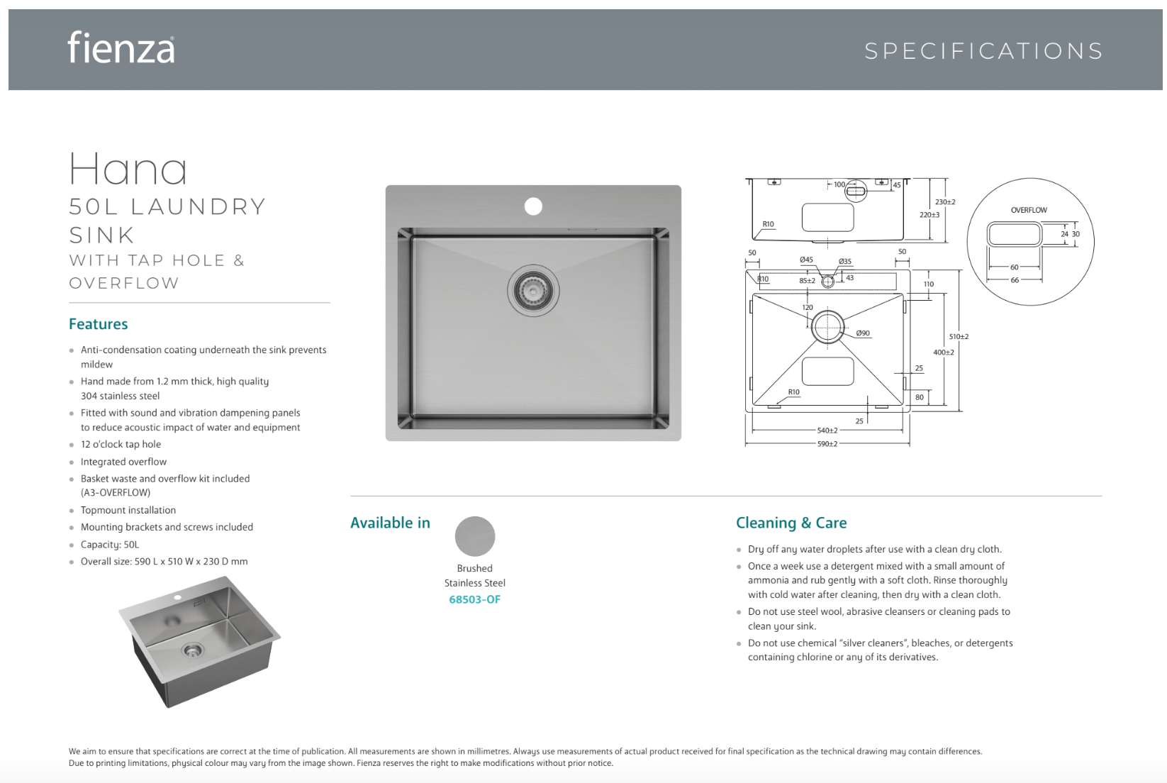 Fienza 50L Square Laundry Utility Sink with Overflow - Heavy Duty Stainless Steel Basin for Laundry Room, Garage, Workshop & Outdoor Use