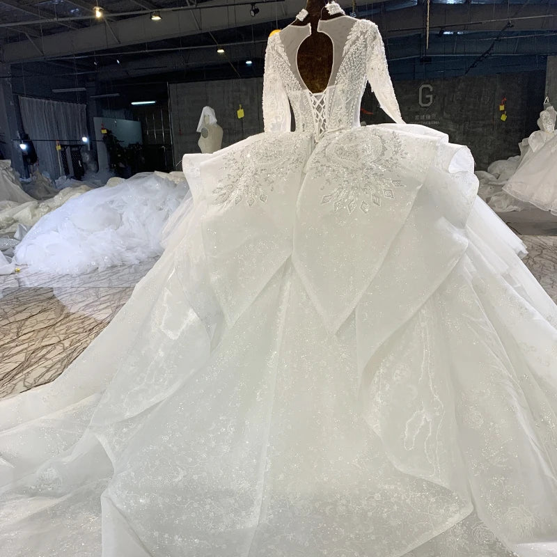 Elegant Lace Ball Gown Wedding Dress with Intricate Beading & O-Neck Long Sleeves - Perfect for Bridal Ceremonies, Formal Events & Vintage-Themed Weddings