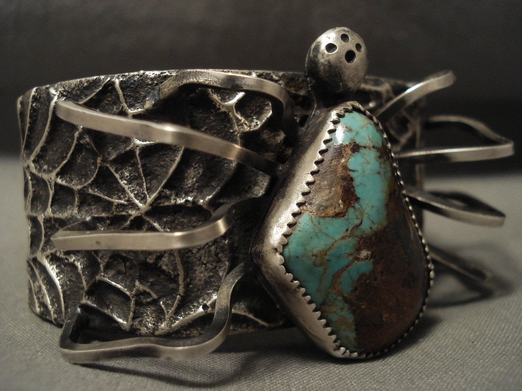 Authentic Navajo 'Royston Turquoise Spider' Sterling Silver Bracelet - 176g Native American Handmade Jewelry for Women, Boho Fashion Accessory, Perfect for Festivals & Special Occasions