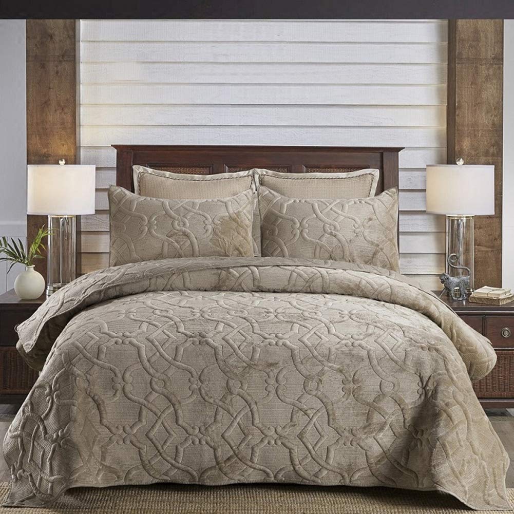 Luxury 3-Piece Reversible Jacquard Quilt Set - Soft Plush Cotton Bedspread & 2 Shams, Queen Size | Lightweight All-Season Coverlet for Master Bedroom, Guest Room & Dorm Decor