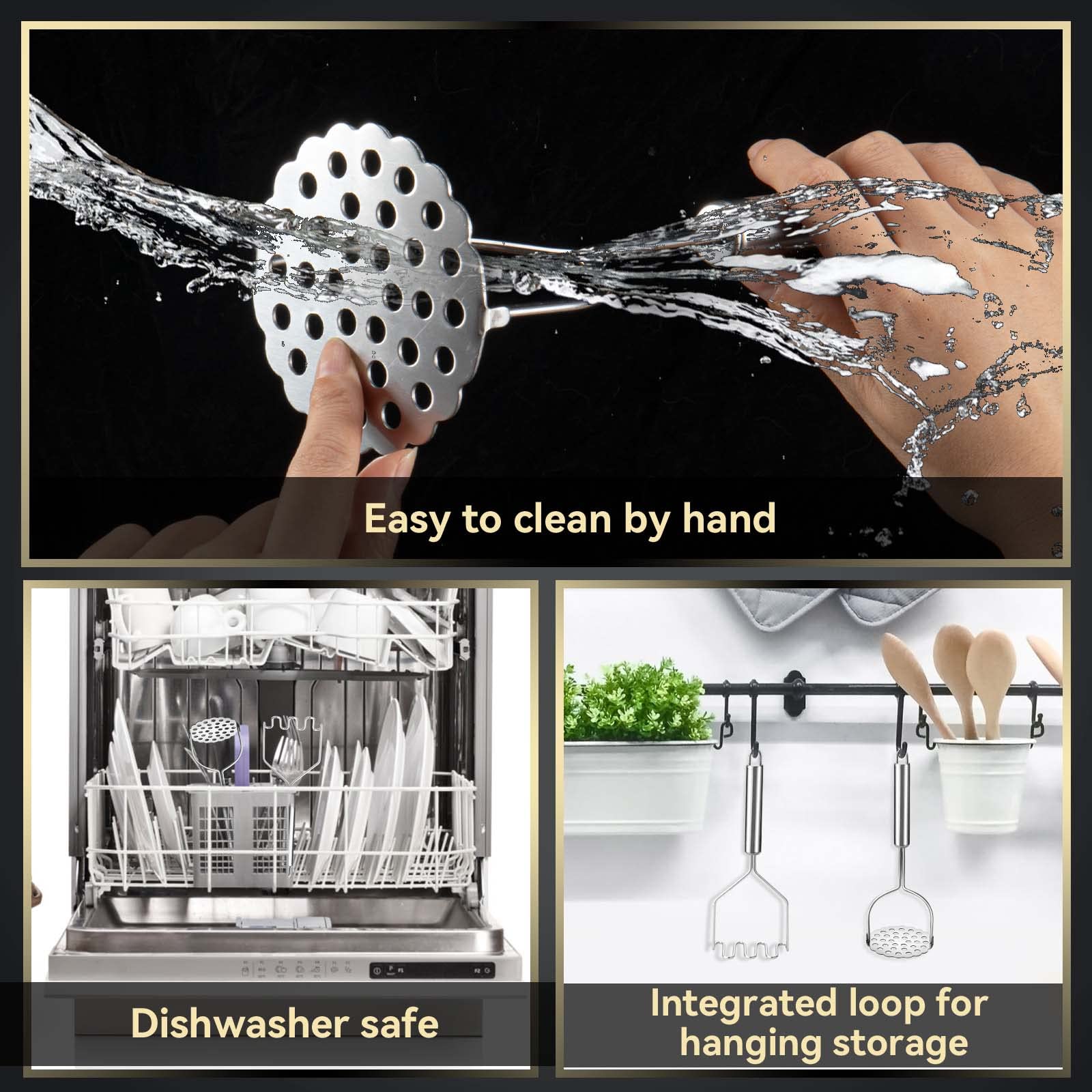 2 Pack Heavy Duty Stainless Steel Potato Masher - Rust-Proof Kitchen Tool for Mashing Potatoes, Vegetables & Fruits - Perfect for Mashed Potatoes, Baby Food & Baking Prep