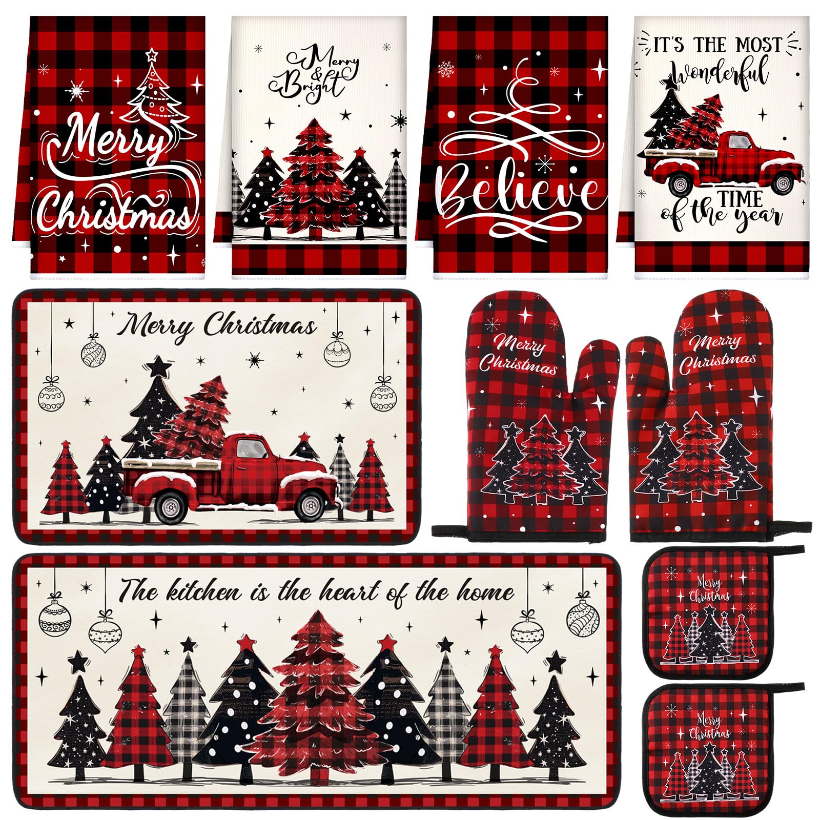 10 Pcs Winter Wonderland Oven Mitts & Pot Holders Set - Absorbent Kitchen Towels for Baking, Cooking, BBQ - Perfect Kitchen Decor & Gift for Home Chefs