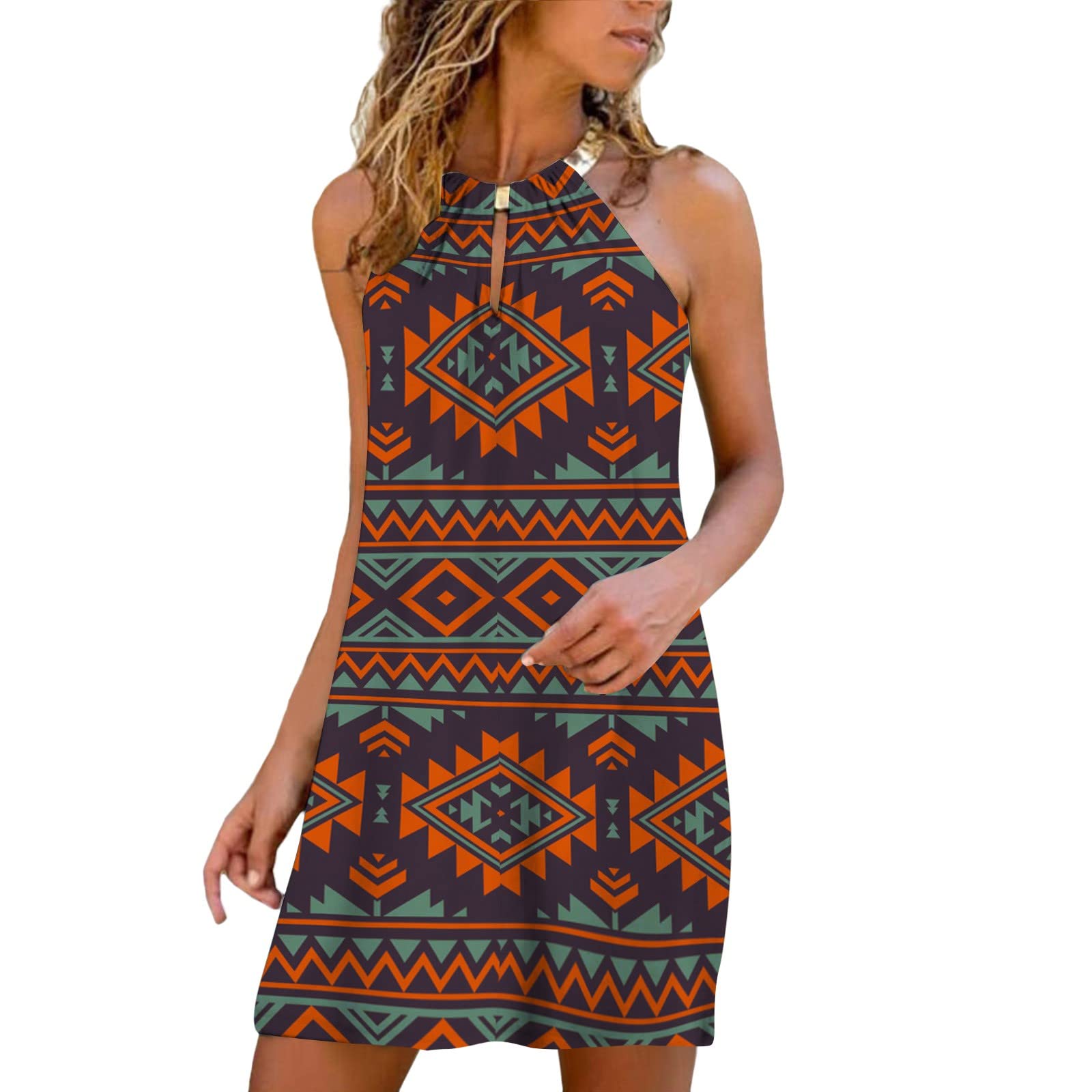 Women's Summer Sun Dresses - Casual Strapless Printed Floral Dress with Metal Hanging Neck | Perfect for Beach Vacations, Pool Parties & Outdoor Date Nights