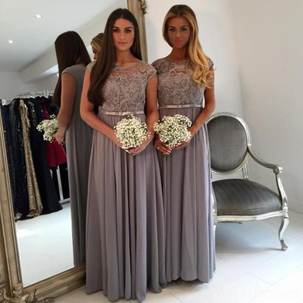 Elegant Modest Cap Sleeve Lace A-Line Grey Floor Length Chiffon Bridesmaid Dresses - WG44 | Perfect for Weddings, Formal Events & Special Occasions