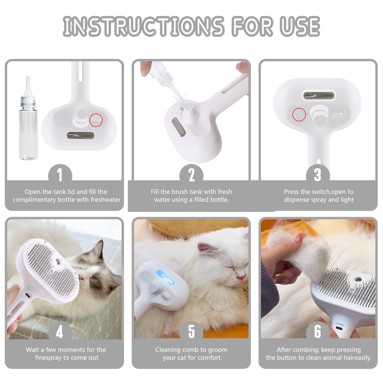 **Self-Cleaning Spray Cat Brush for Shedding - Water Tank Pet Hair Removal Comb with Release Button for Cats & Dogs - Steam Grooming Brush for Bathing & Deshedding - White (Perfect for Home Grooming & Pet Spa Days)**