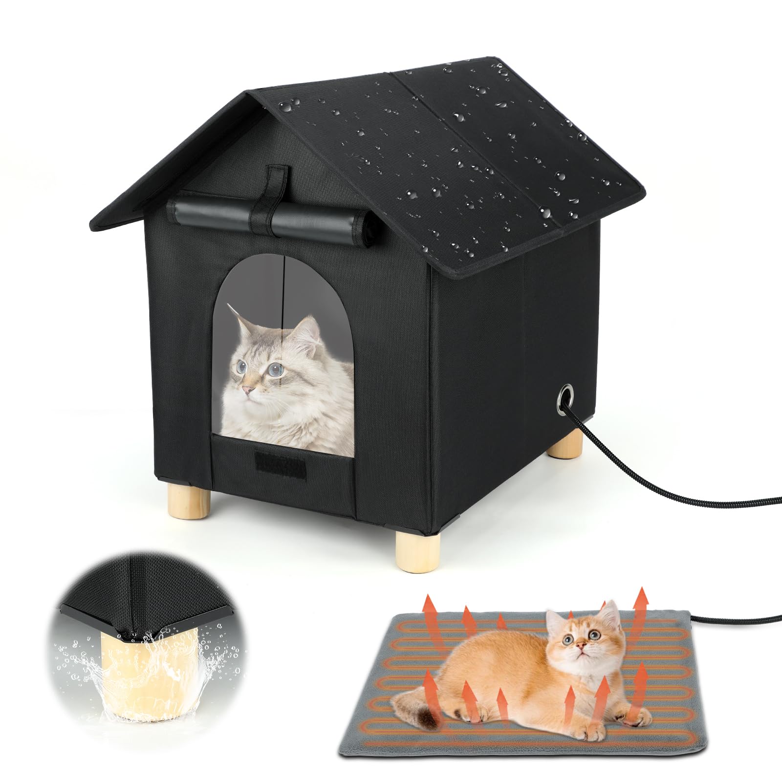 Heated Outdoor Cat House - Waterproof & Insulated Winter Shelter for Feral Cats with Escape Door | Elevated Design for Safety | Perfect for Backyards, Porches & Cold Weather Protection
