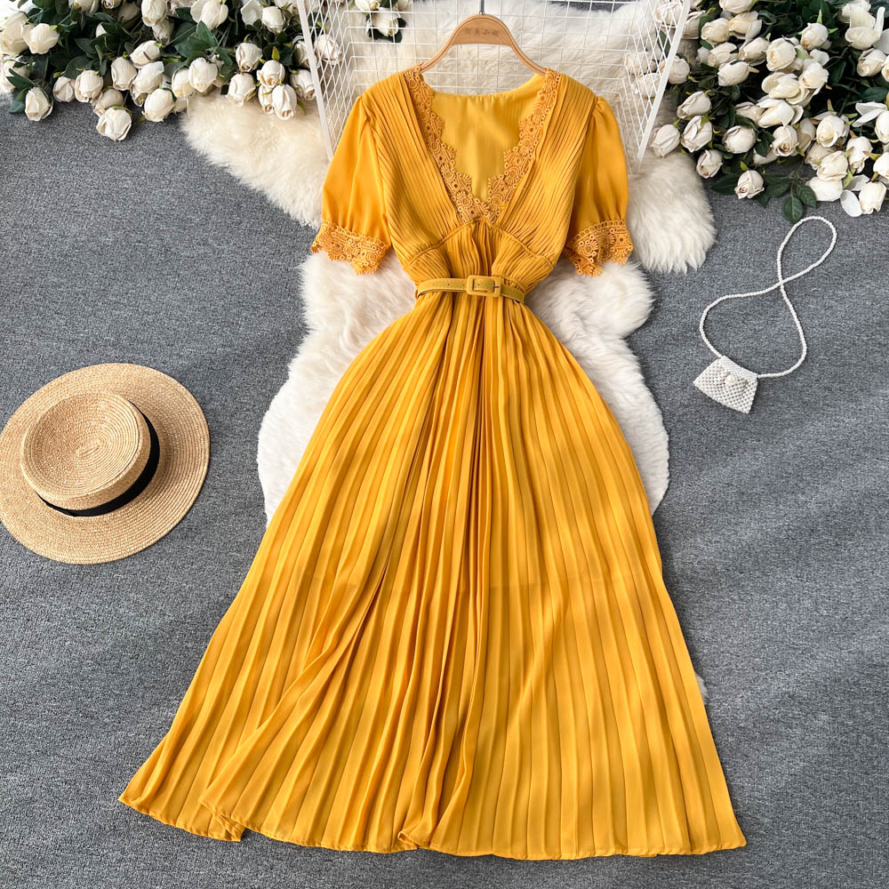 Lace V-Neck A-Line Dress for Women - Summer Short Sleeve Flowy Skirt - Perfect for Beach Vacations, Date Nights & Casual Outings