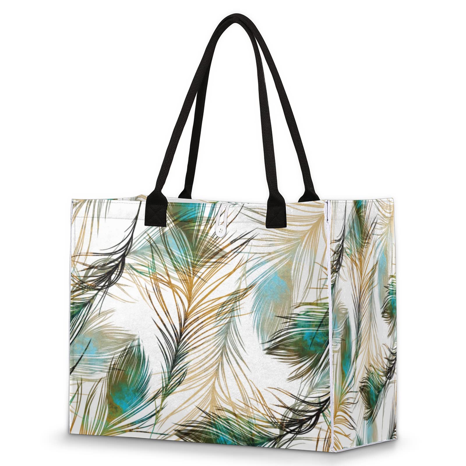 Boho Peacock Feather Beach Tote Bag for Women - Gym, Travel & Shopping
