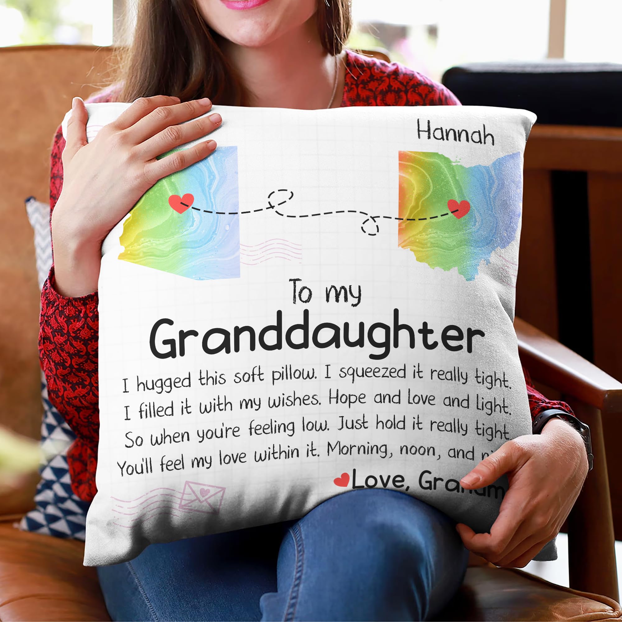 Personalized Granddaughter Pillow with Custom Name Insert - Unique Gift from Grandma for Birthday, Christmas - State to State Home Decor Throw Pillow for Sofa, Couch, Bedroom (Perfect for Nursery, Dorm Room & Family Room Decor)