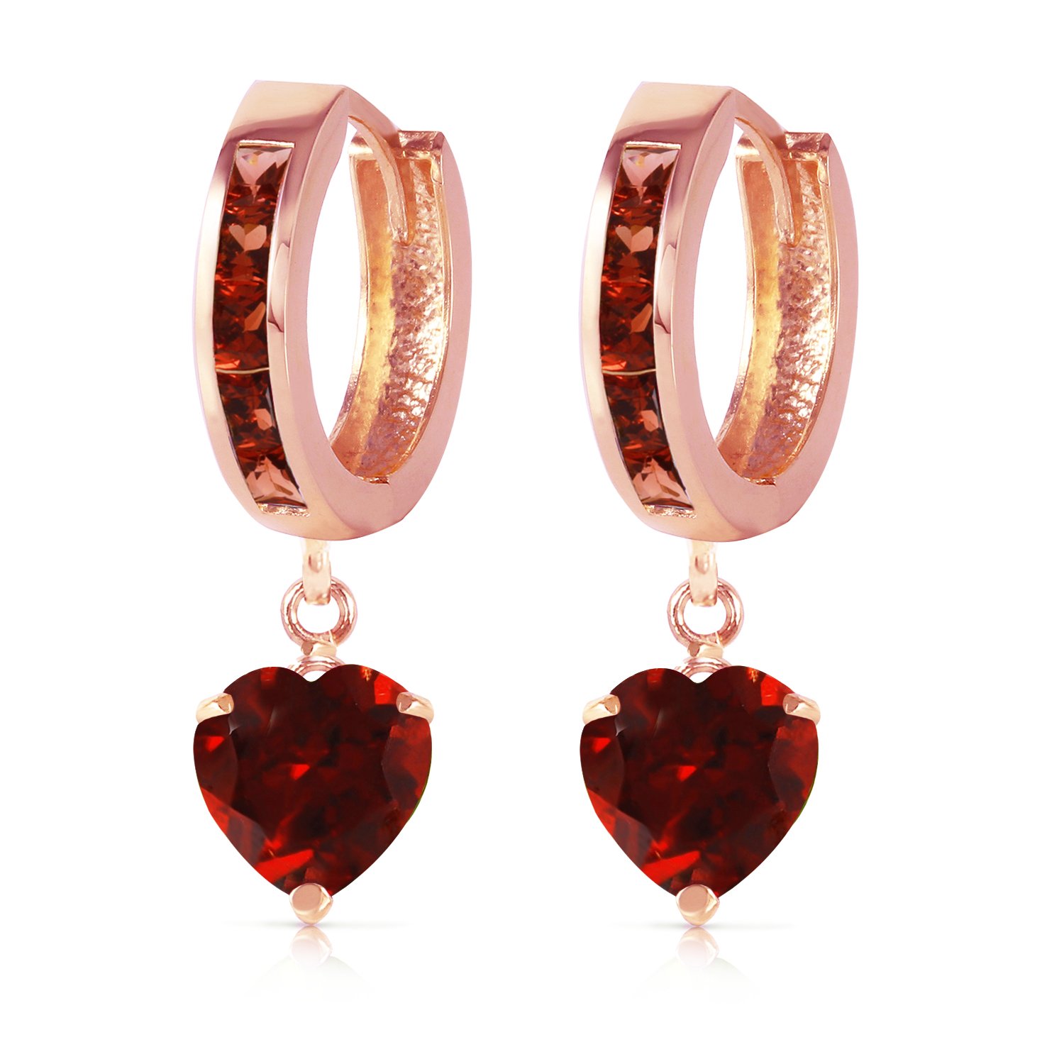 14K Solid Rose Gold Hoop Garnet Heart Drop Earrings - 4.1 Carat Galaxy Gold GG - Elegant Jewelry for Women, Valentine's Day Gift, Anniversary Present, Party Wear, Wedding Accessories