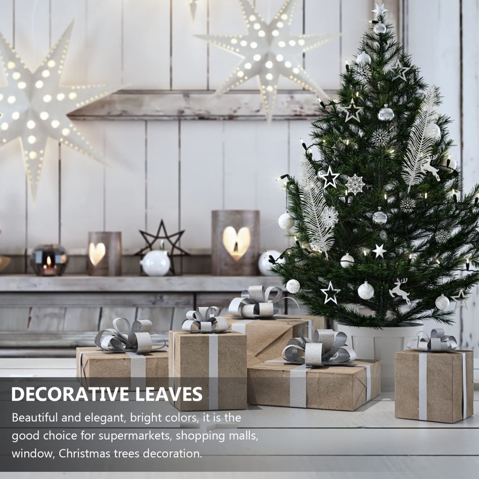 12pcs Artificial Christmas Glitter Leaves Fern Bush - Tropical Leaf Poinsettia Flowers for Xmas Tree Decorations, Holiday Party & Home Decor