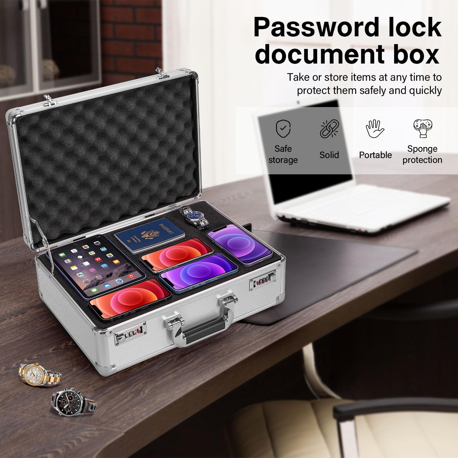16.9 x 12.2 x 6.3 Inch Large Security Lock Box with Dual Combination Locks - Portable Locking Storage Tote for Medicine, Cash, Valuables & Documents - Silver | Ideal for Home, Office & Travel Security