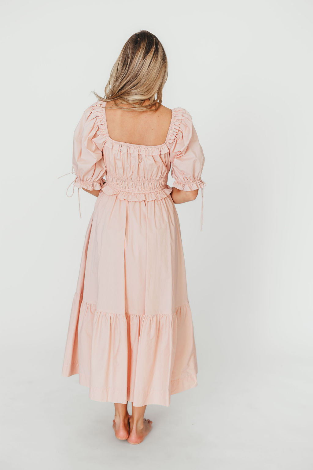 Crissy Ruched Midi Dress - 100% Cotton Bump Friendly Maternity Dress in Dusty Pink | Perfect for Baby Showers, Maternity Photos & Everyday Comfort