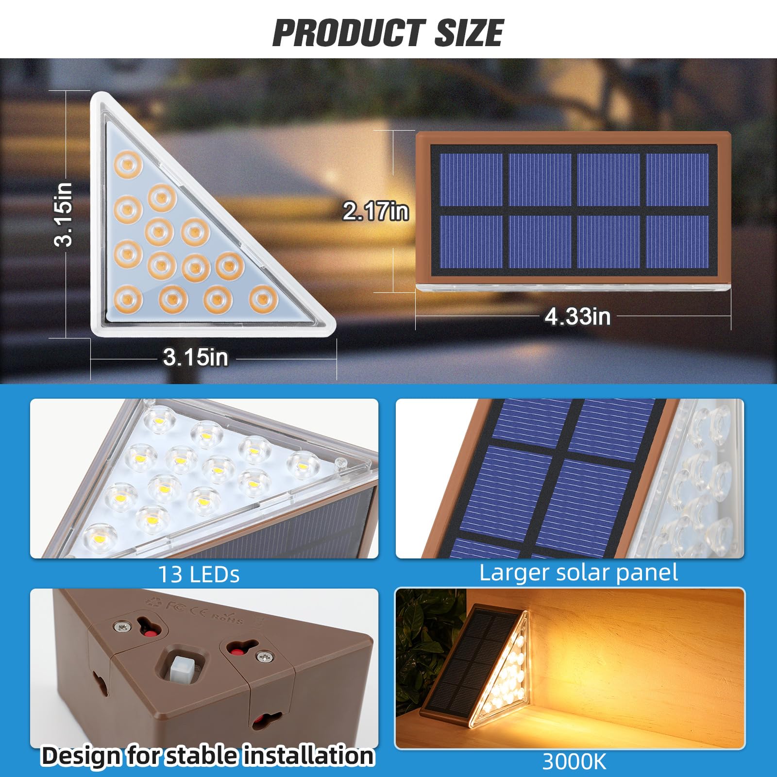 NIORSUN 16 Pack Solar Step Lights - Warm White Outdoor Solar Powered IP67 Waterproof Auto On/Off Stair Lights for Patio, Yard, Porch, Front Door, Sidewalk, Deck (Brown) | Perfect for Nighttime Safety and Landscape Lighting