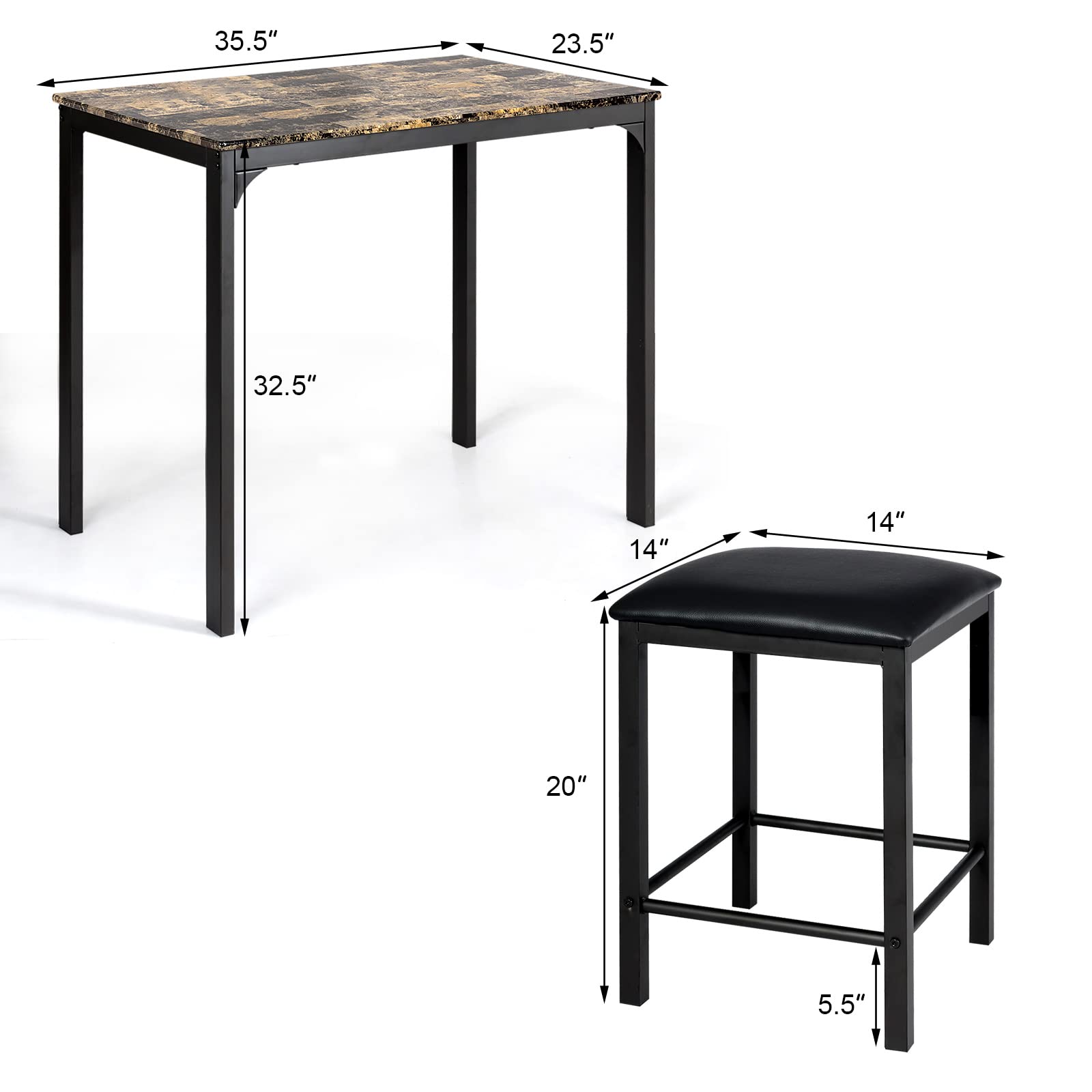 Casart 3-Piece Faux Marble Dining Table Set with 2 Stools - Modern Kitchen & Bar Counter Height Table for Small Spaces, Breakfast Nook, Apartment, Condo - Easy Assembly & Durable Design