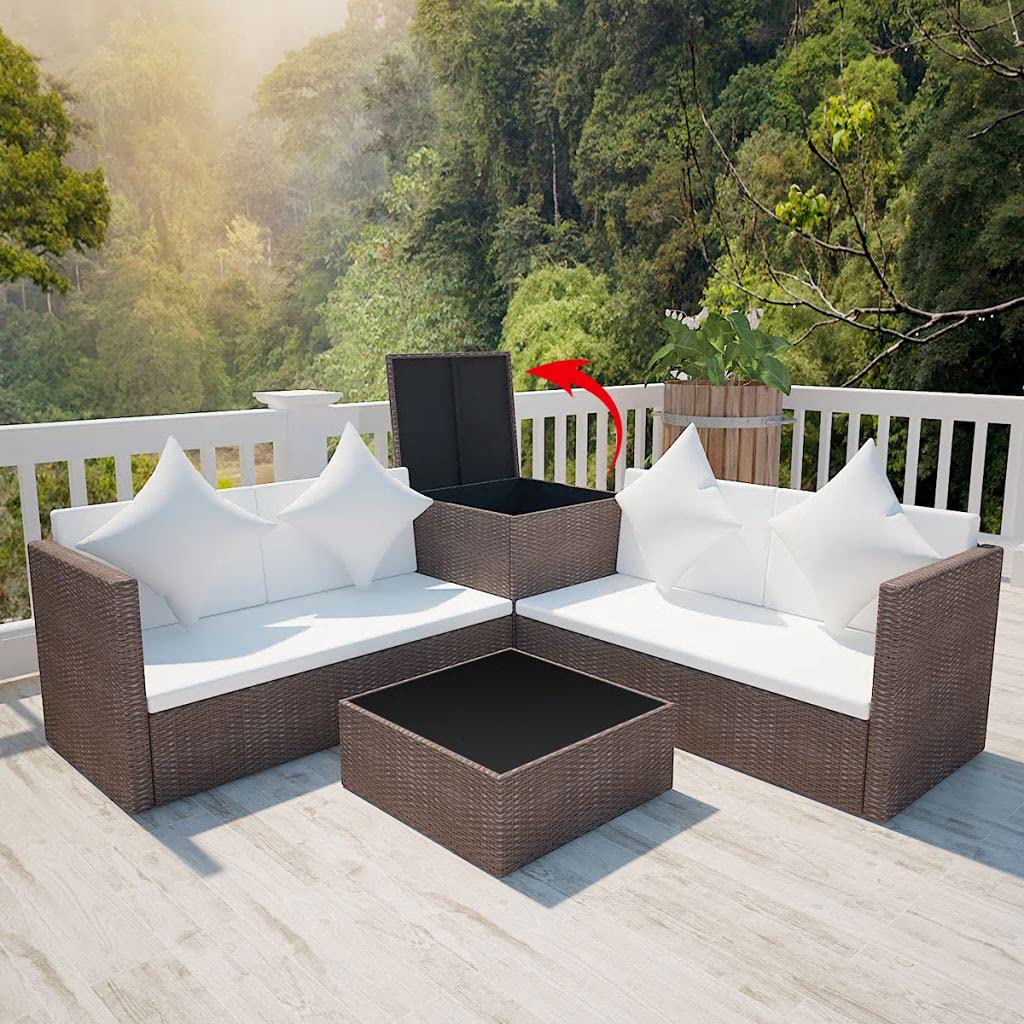 4-Piece Brown Poly Rattan Garden Lounge Set with Cushions - Outdoor Patio Furniture for Porch, Deck, Lawn & Backyard - Perfect for Relaxing, Entertaining and Sunbathing